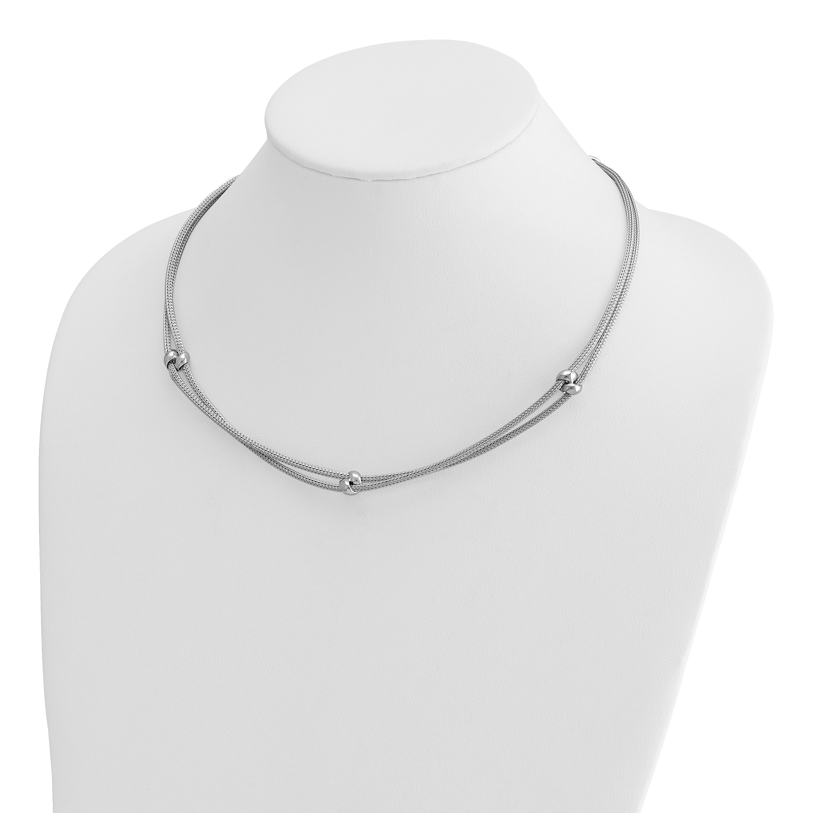 SS RH-plated Polished 2-strand Bead w/2.25in ext. Necklace