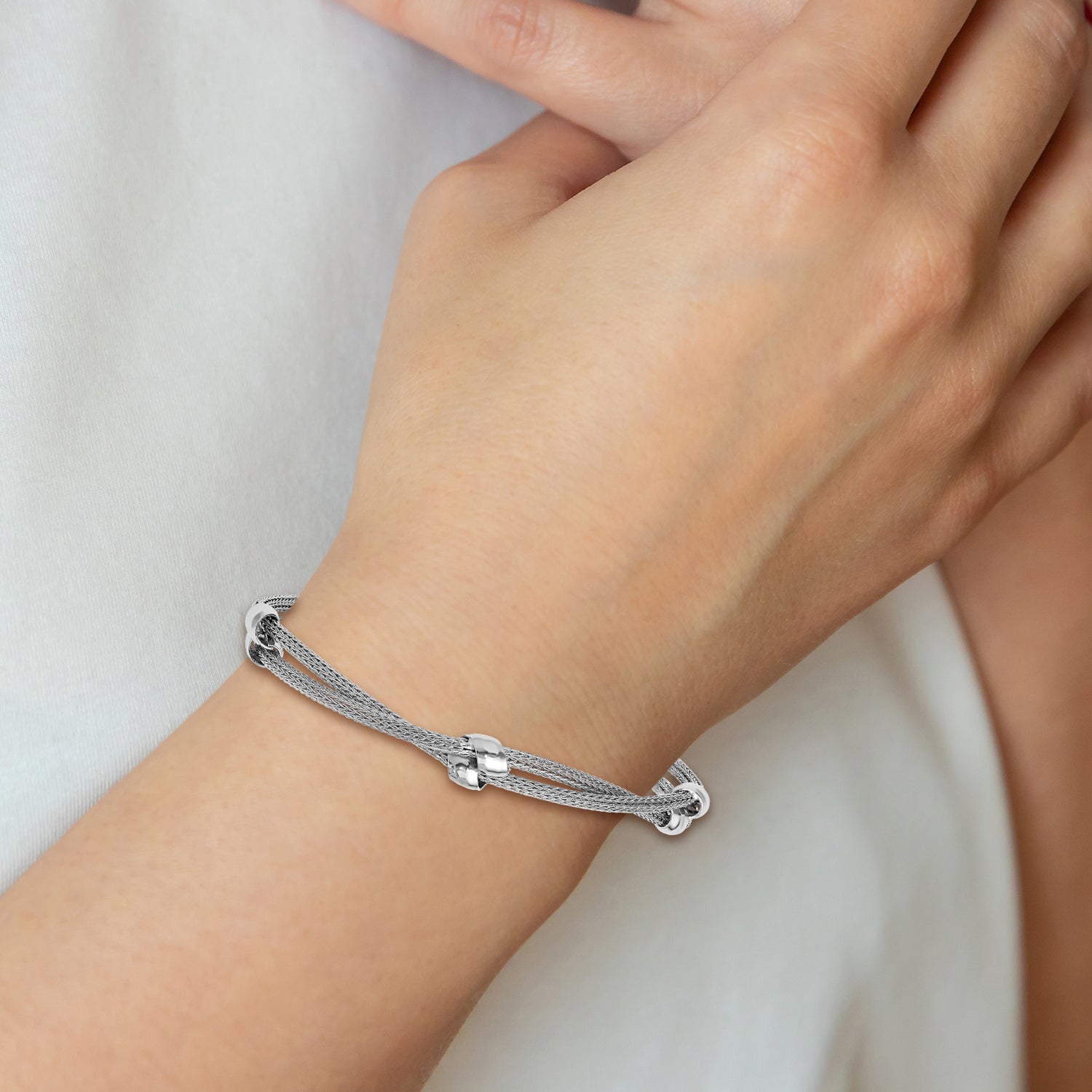 SS RH-plated Polished 2-strand Bead w/1in ext. Bracelet