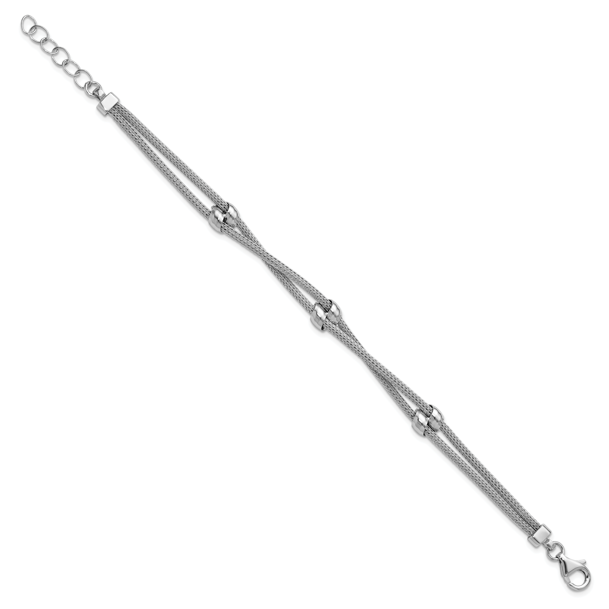 SS RH-plated Polished 2-strand Bead w/1in ext. Bracelet