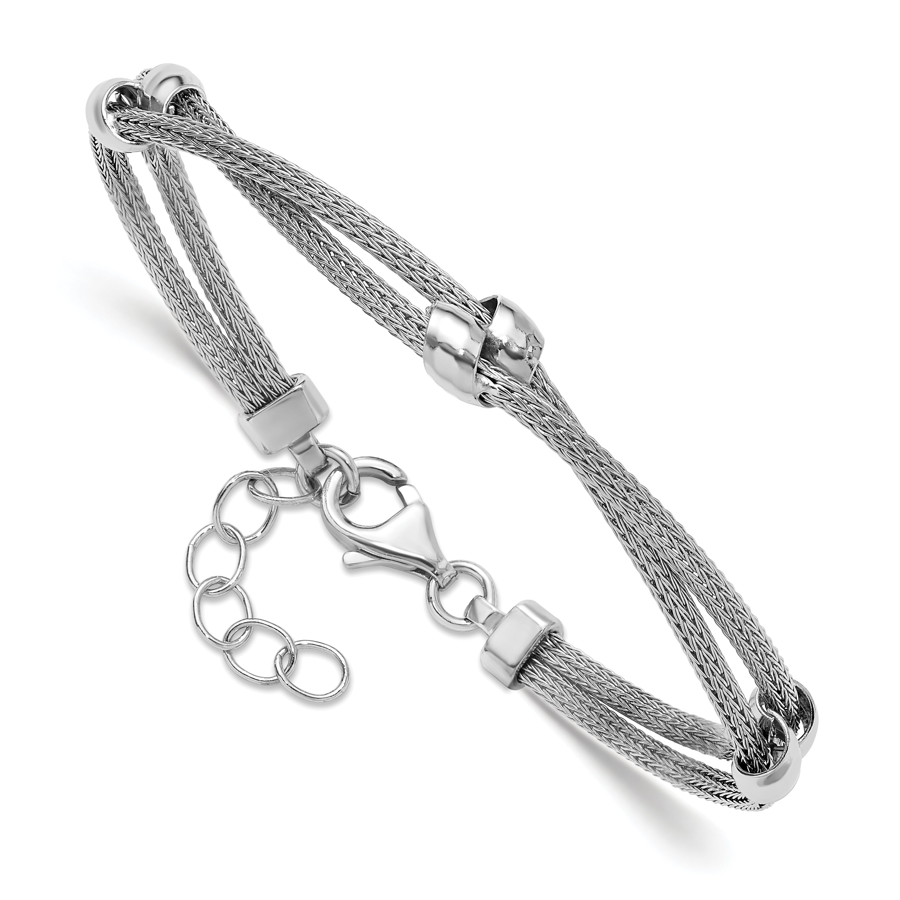 SS RH-plated Polished 2-strand Bead w/1in ext. Bracelet