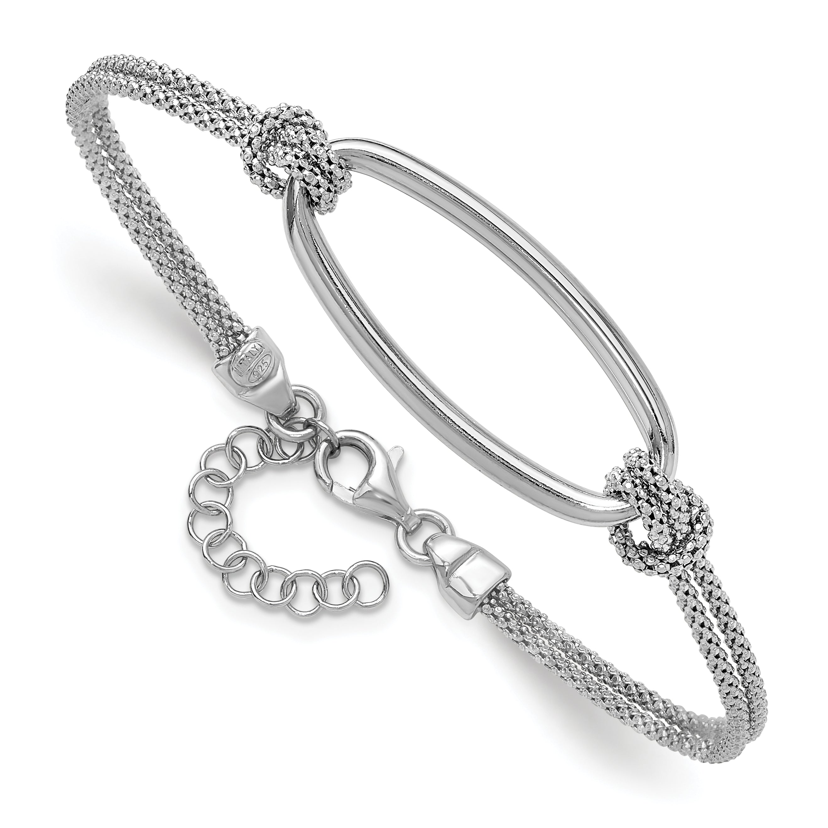 SS RH-plat Polish/Dia-cut Oval 2-Strand w/1.25in ext. Bracelet