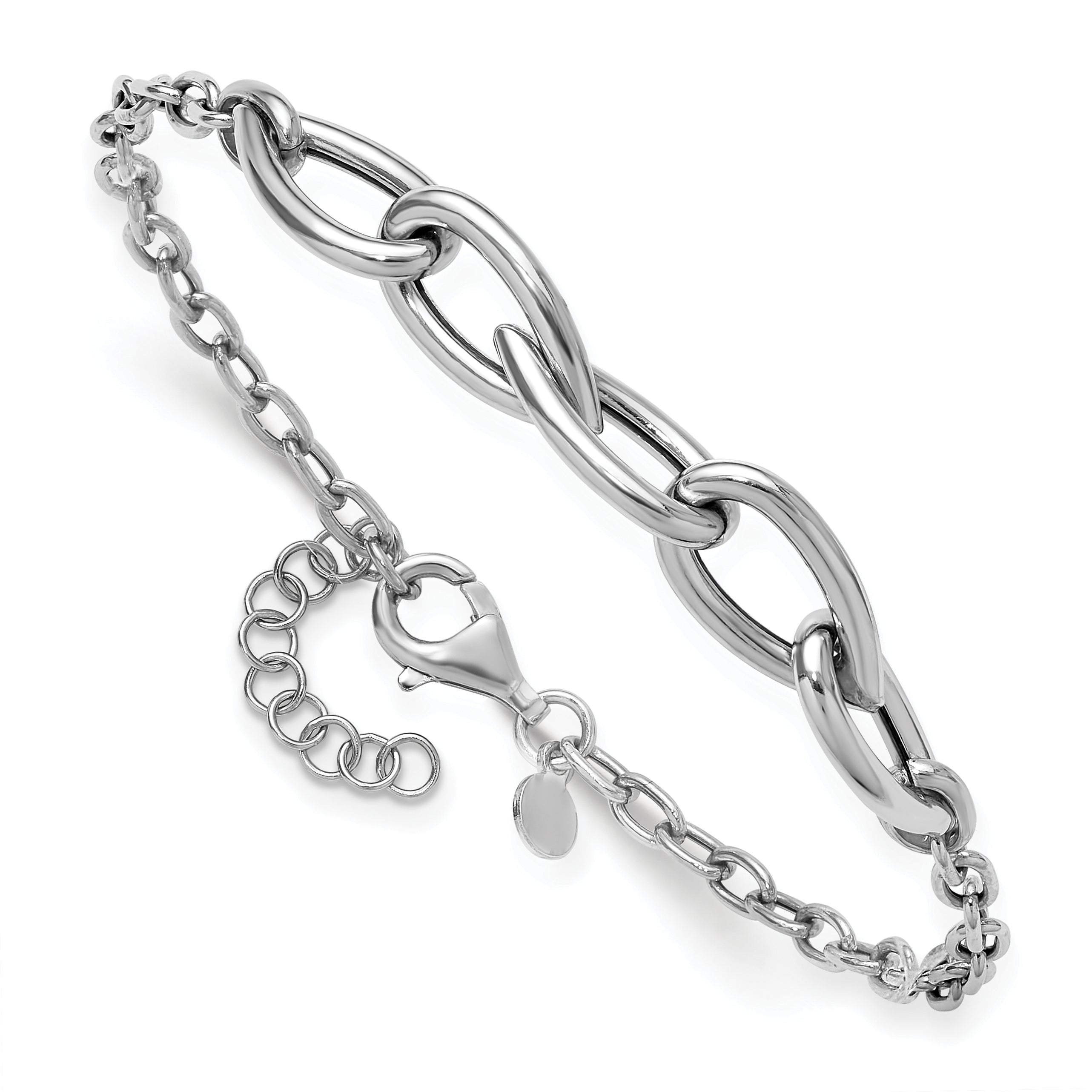 Sterling Silver RH-plate Polish Fancy Link w/ 1in ext. Bracelet