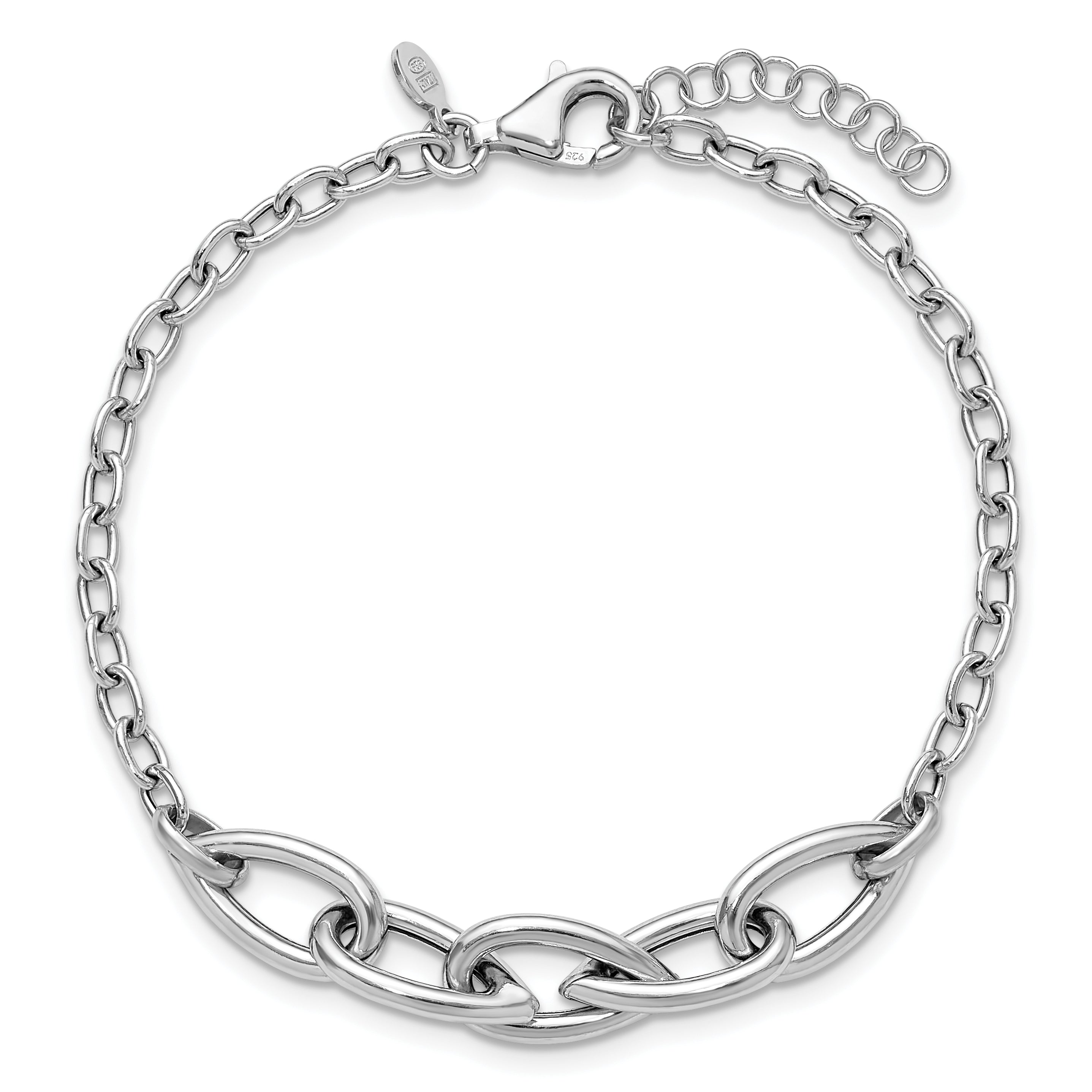 Sterling Silver RH-plate Polish Fancy Link w/ 1in ext. Bracelet