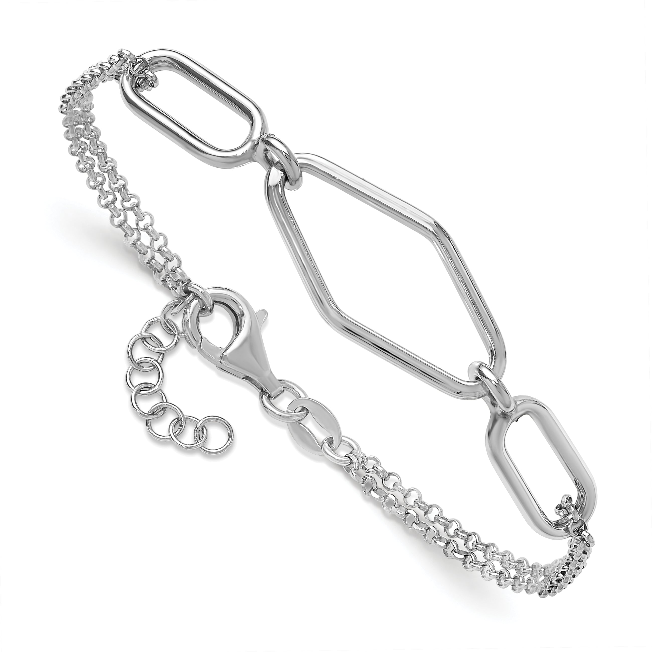 SS RH-plat Polish/Dia-cut Fancy 2-strand w/.75in ext. Bracelet