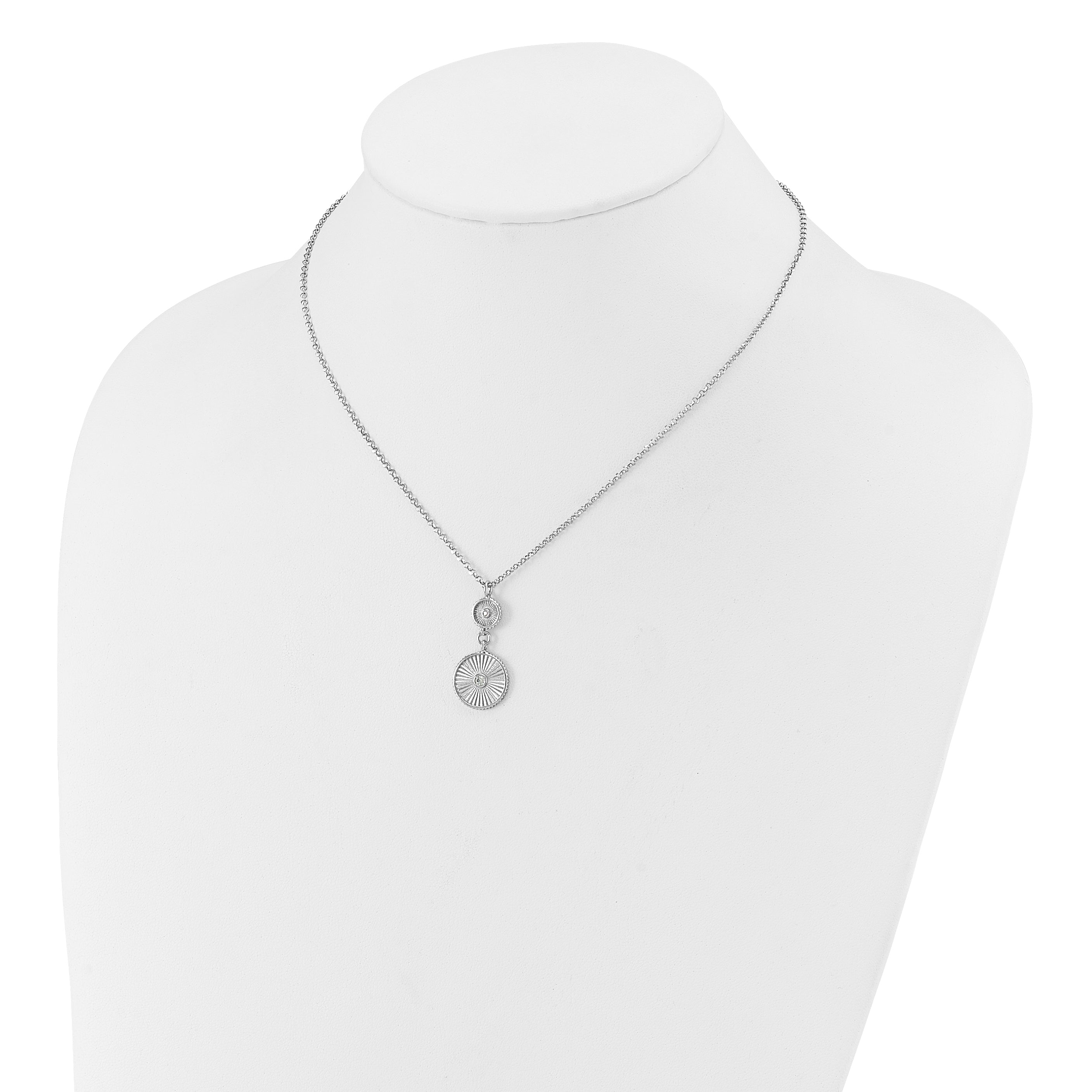 SS RH-plated CZ Polish/Grooved Circle w/2in ext. Necklace