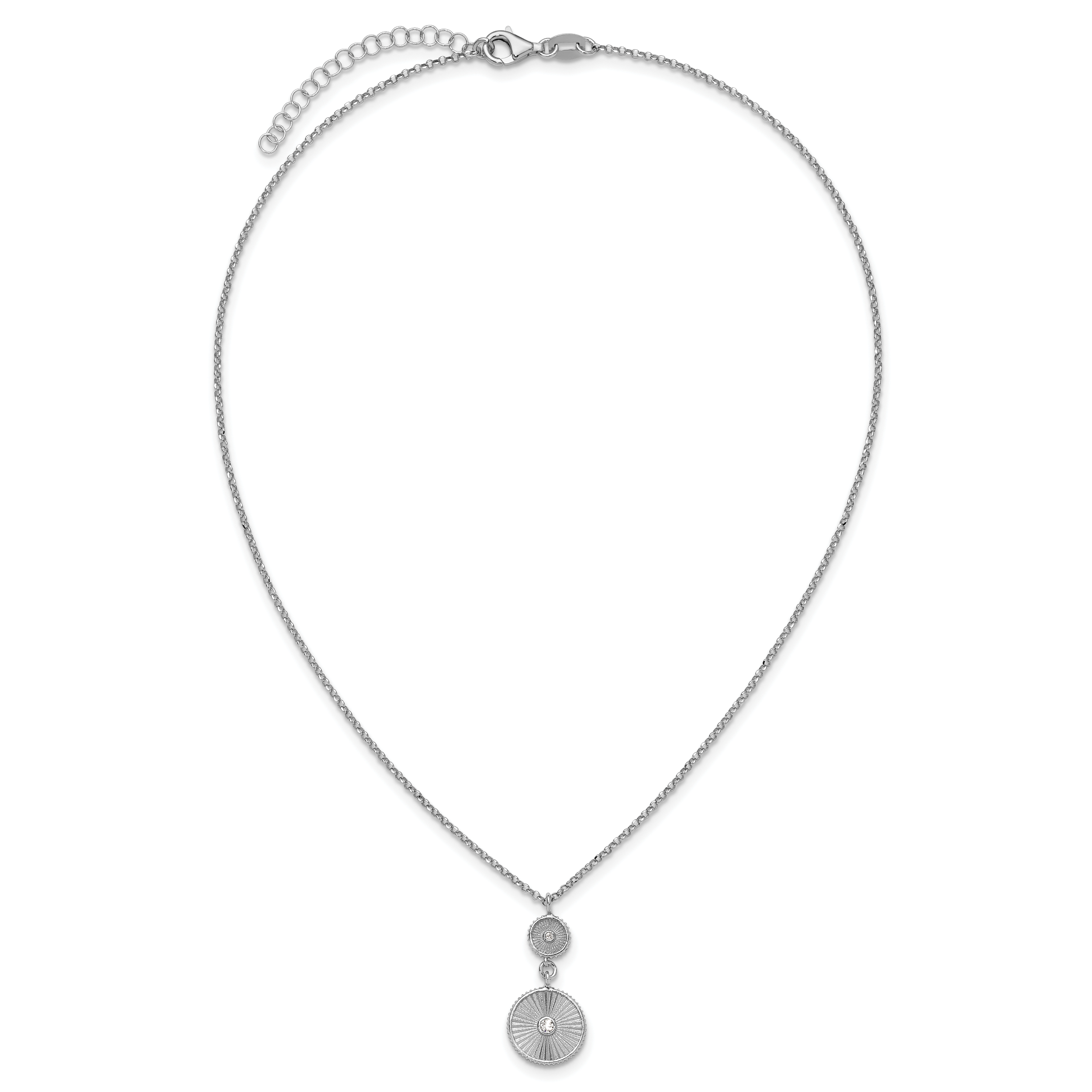 SS RH-plated CZ Polish/Grooved Circle w/2in ext. Necklace