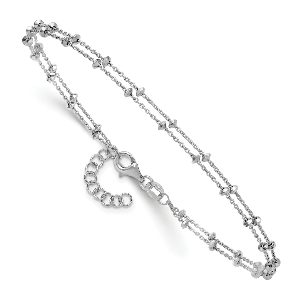Sterling Silver Rhodium-plated 2-Strand Beaded 9 inch Plus 1 inch Extender - Total 10 inch Anklet