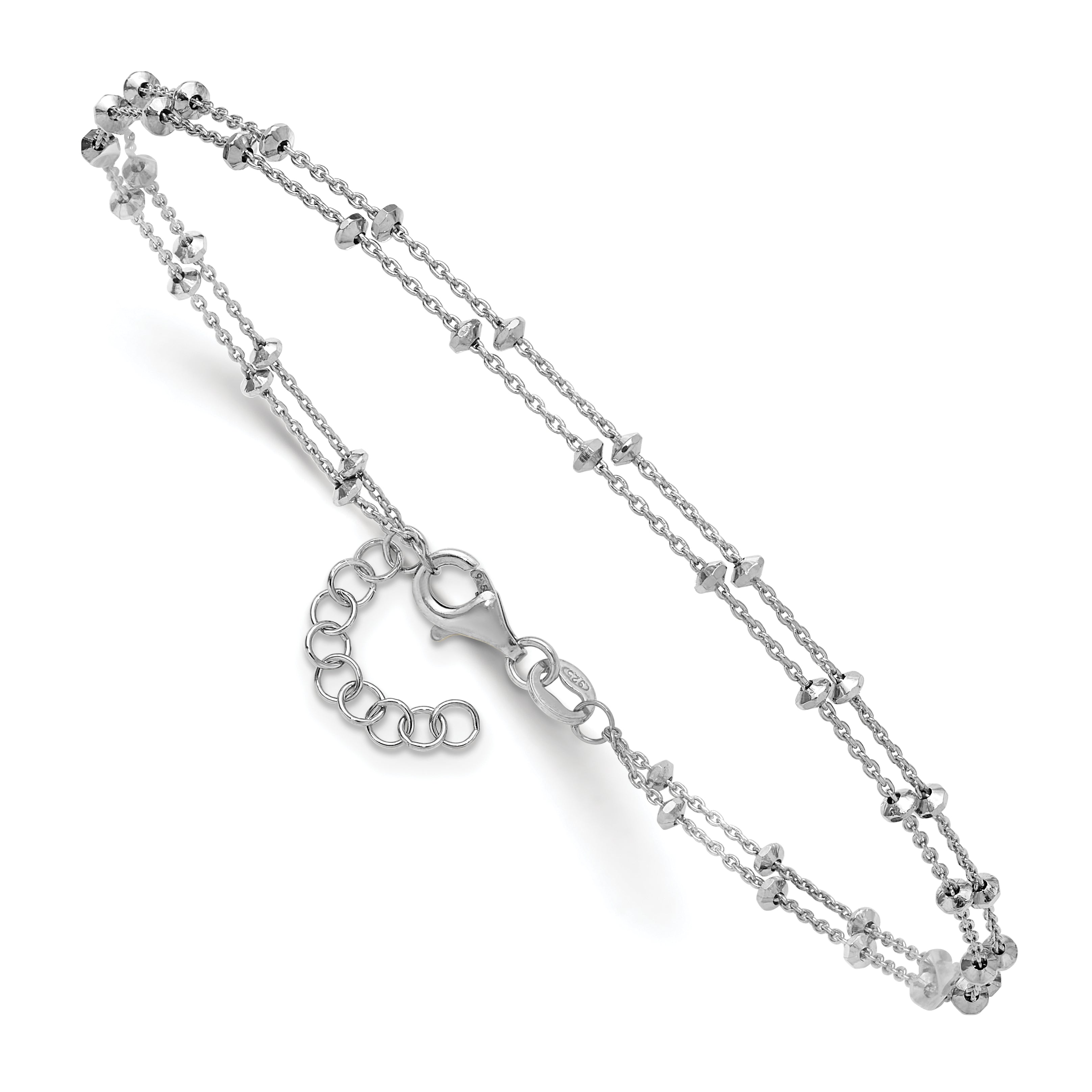 Sterling Silver Rhodium-plated 2-Strand Beaded 9 inch Plus 1 inch Extender - Total 10 inch Anklet