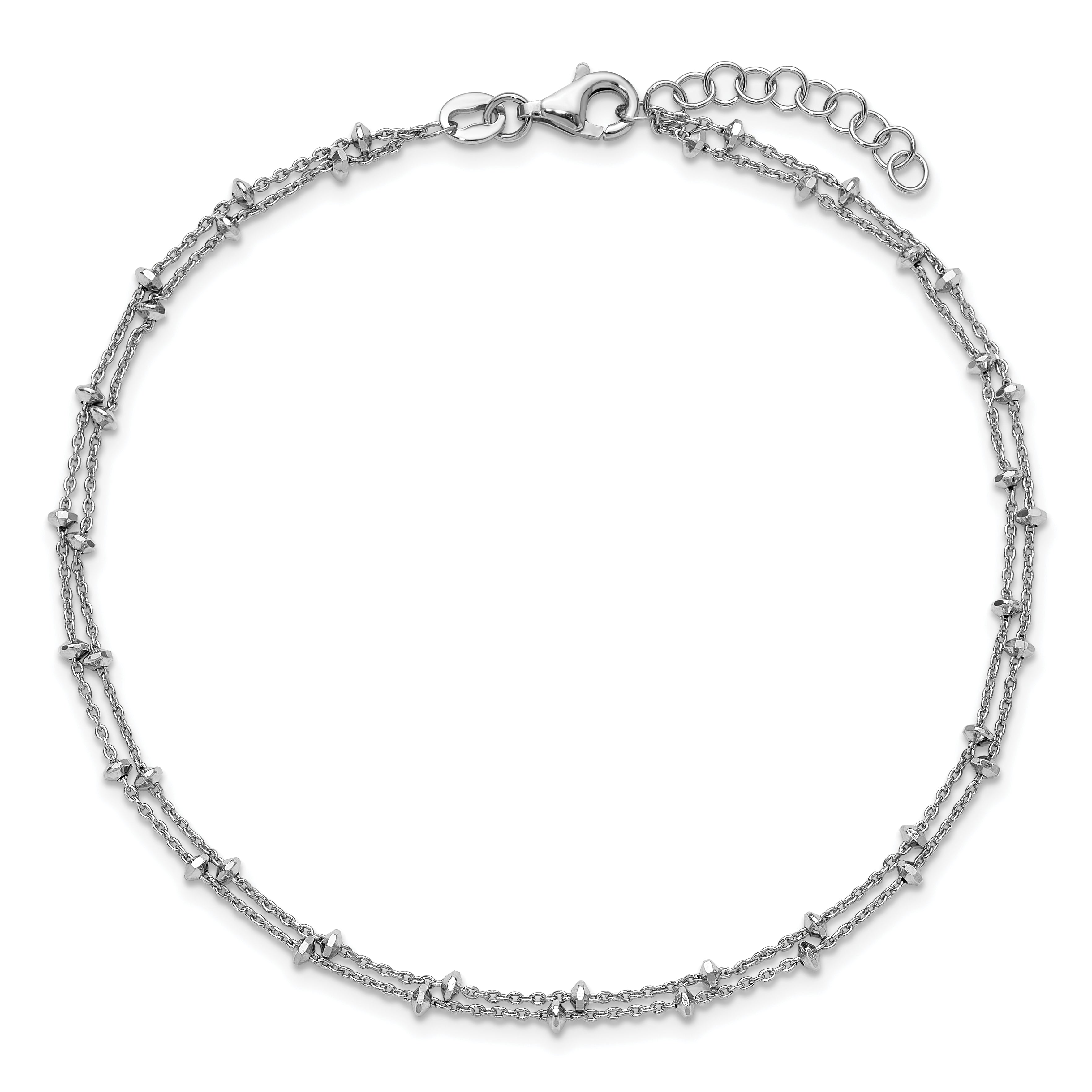 Sterling Silver Rhodium-plated 2-Strand Beaded 9 inch Plus 1 inch Extender - Total 10 inch Anklet