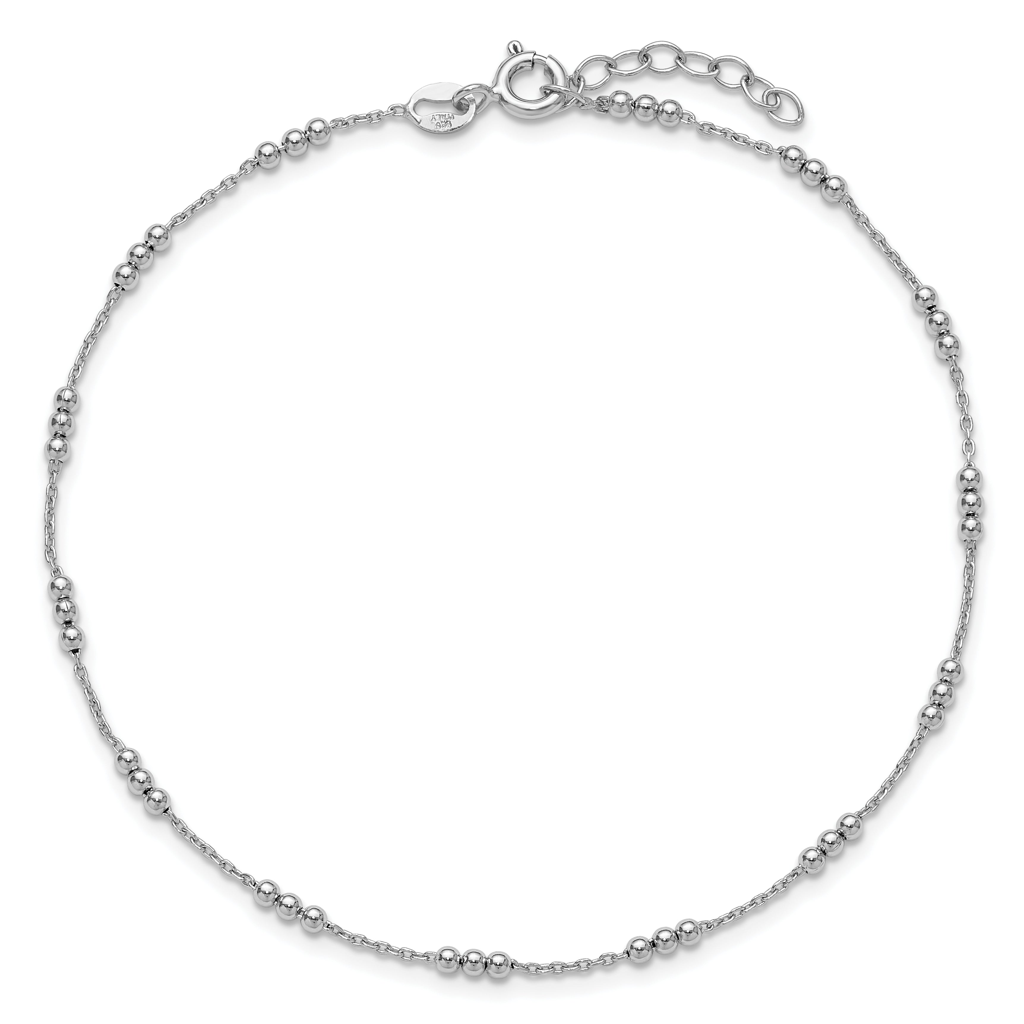 Sterling Silver Rhodium-plated Bead 9 inch Plus 1 inch Extender - Total 10 inch Anklet