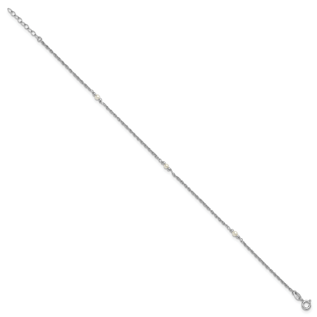 Sterling Silver Rhodium-plated Freshwater Cultured Pearl 9 inch Plus 1 inch Extender - Total 10 inch Anklet