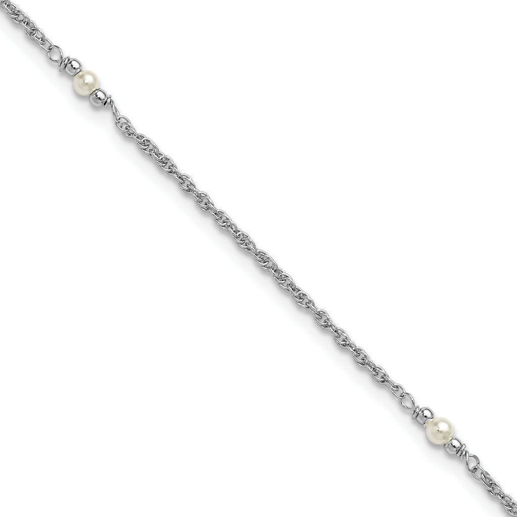 Sterling Silver Rhodium-plated Freshwater Cultured Pearl 9 inch Plus 1 inch Extender - Total 10 inch Anklet