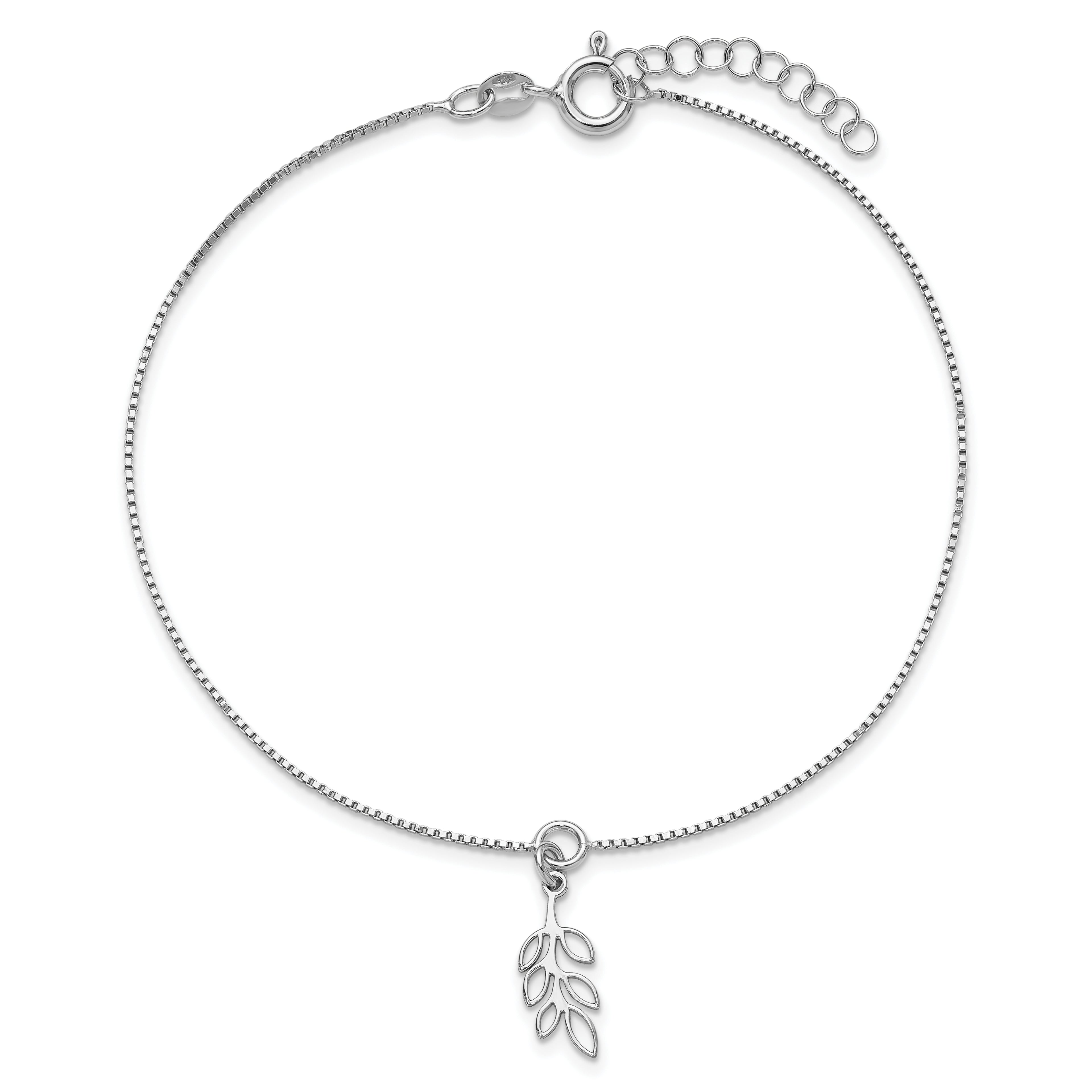 Sterling Silver Rhodium-plated Leaf Charm 9 inch Plus 1 inch Extender - Total 10 inch Anklet