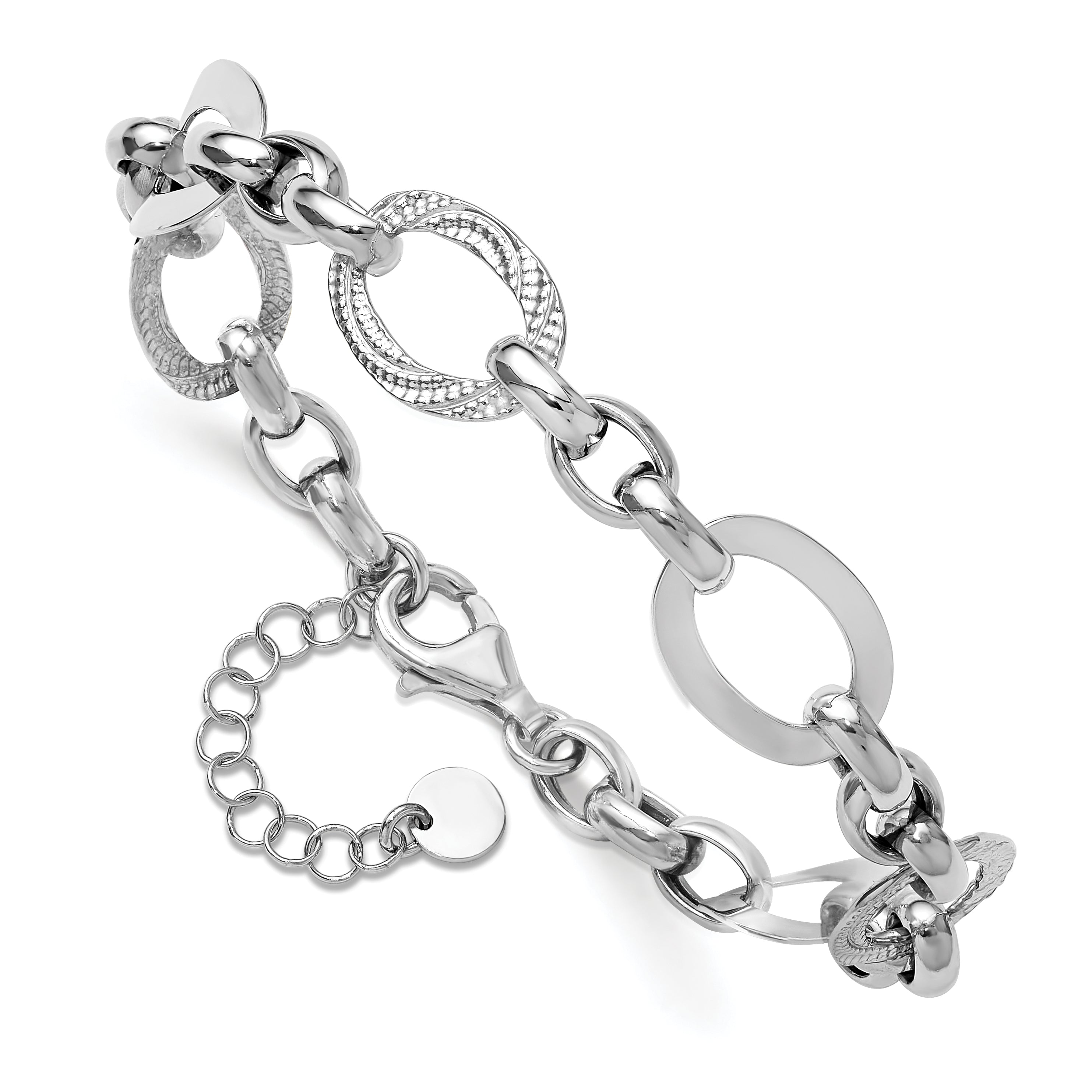 SS RH-plat Polish/Textured Fancy Link w/1.25in ext. Bracelet