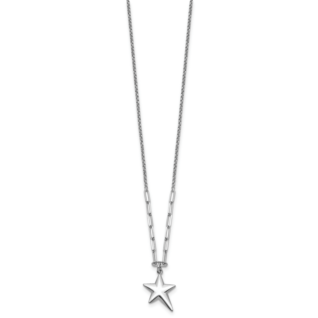 SS RH-plated Polished Star Pendant w/1.25in ext. Necklace