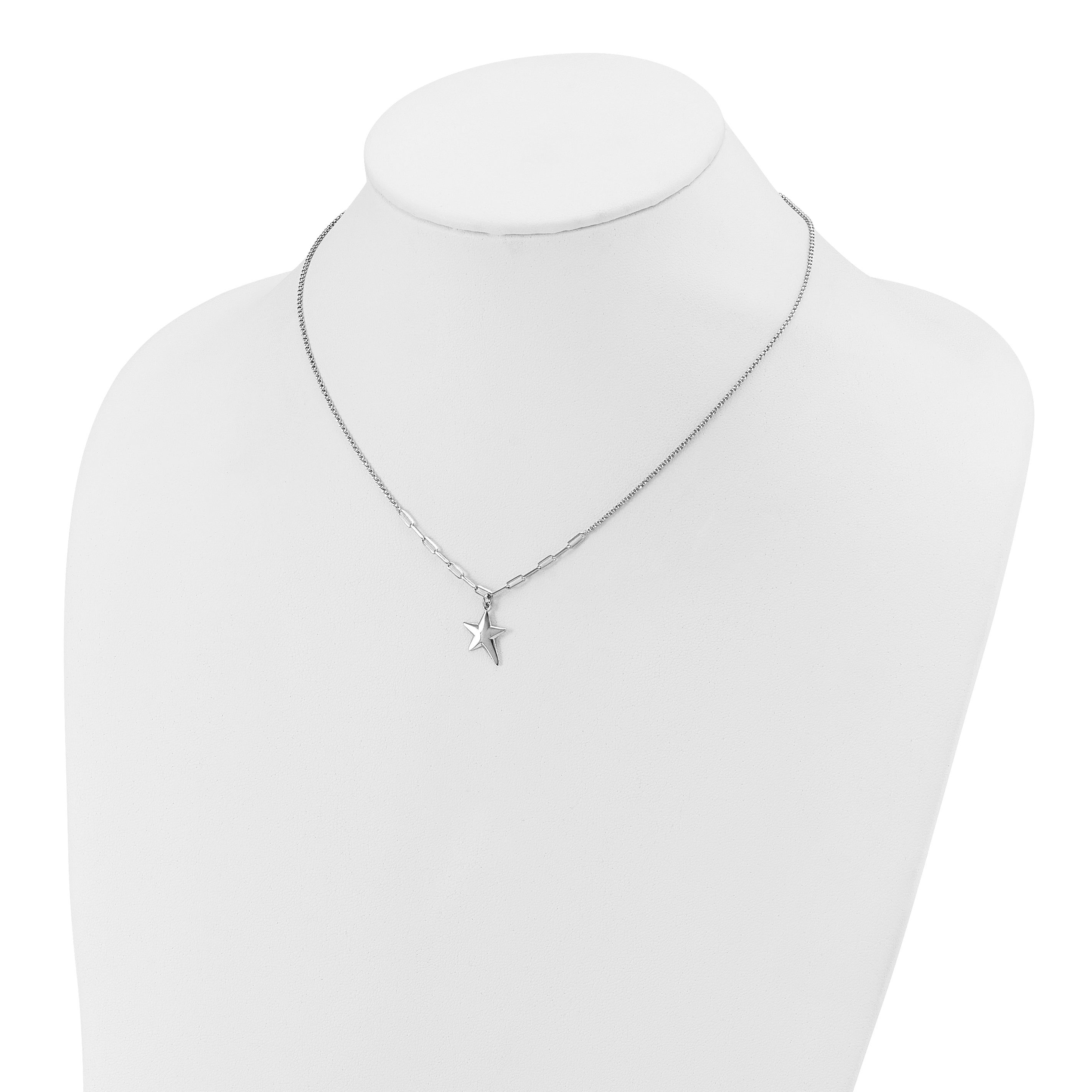 SS RH-plated Polished Star Pendant w/1.25in ext. Necklace