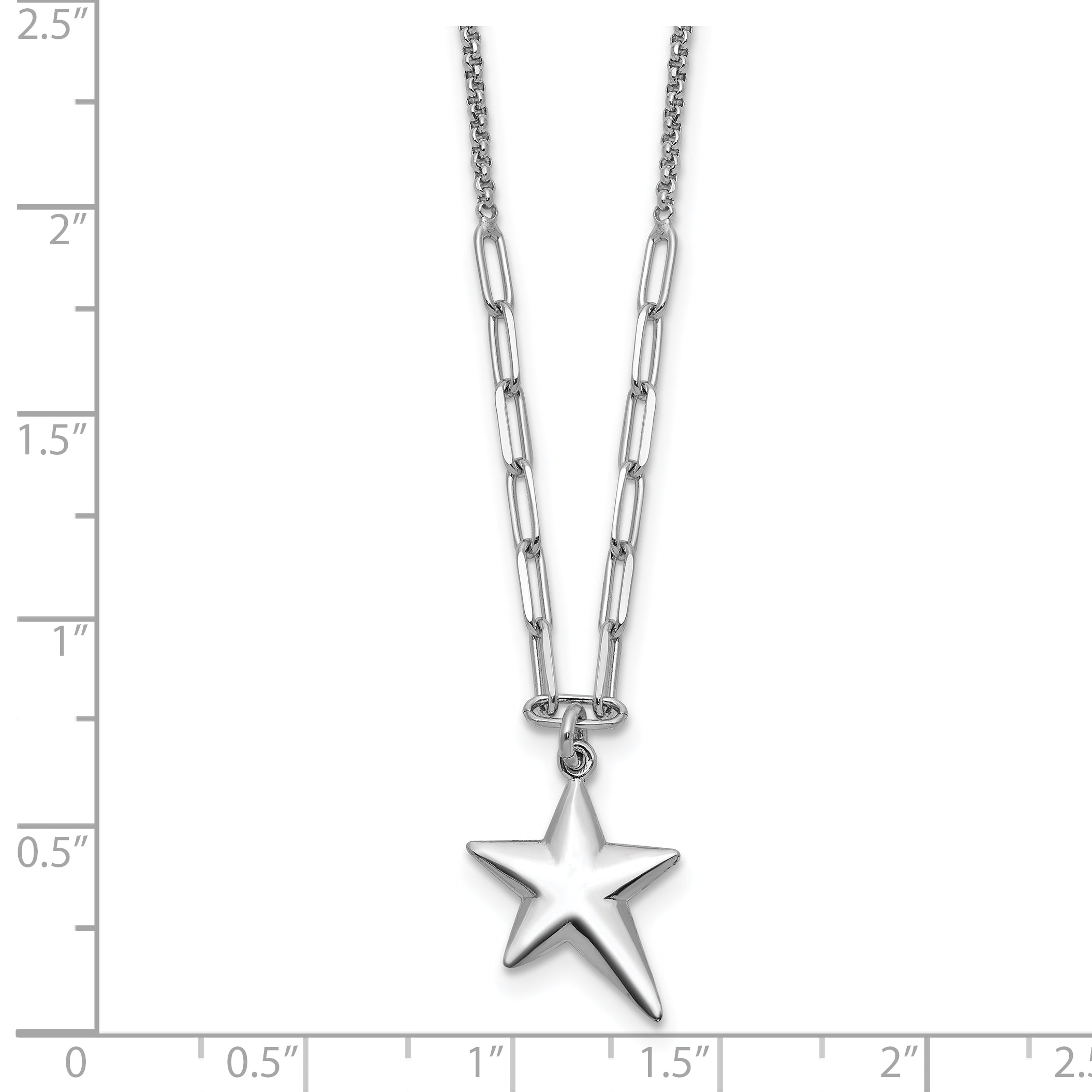 SS RH-plated Polished Star Pendant w/1.25in ext. Necklace