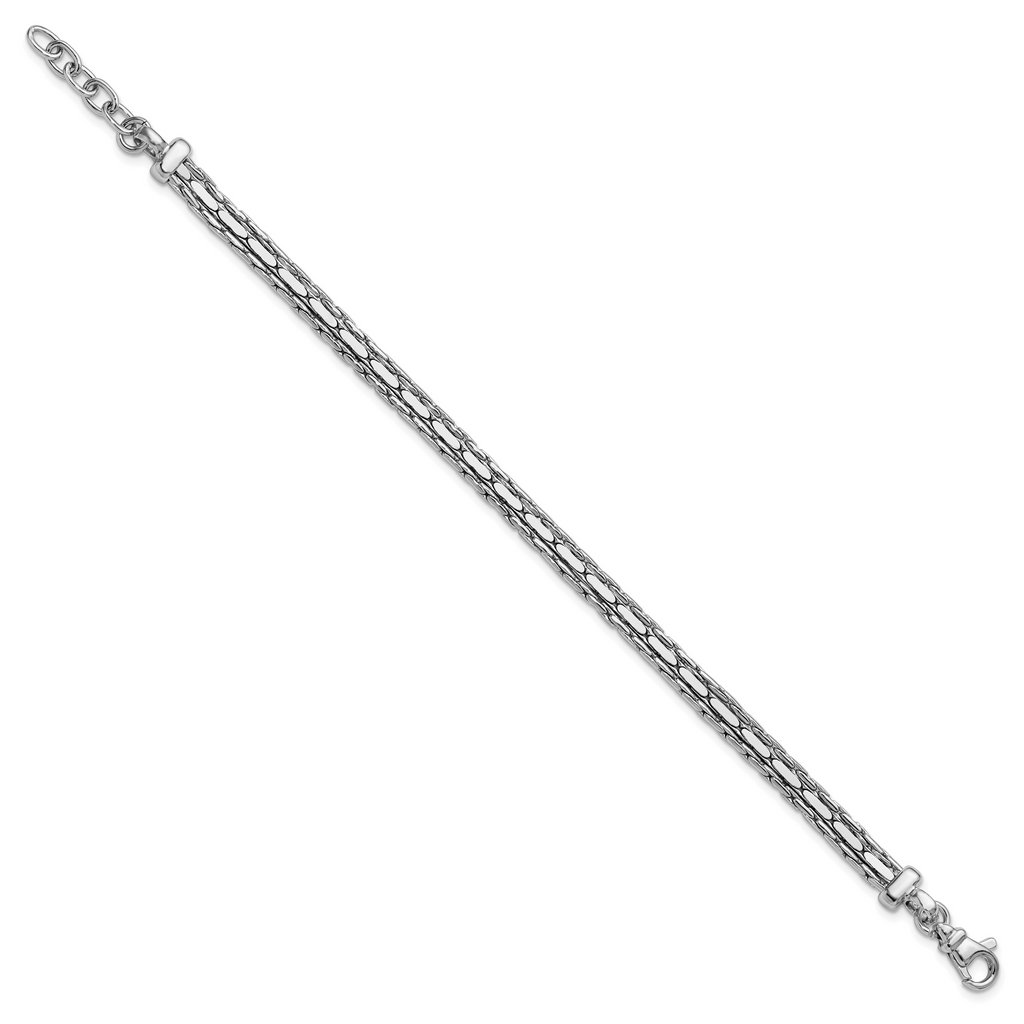 SS RH-plated Polished 3-Strand Fancy w/1in ext. Bracelet