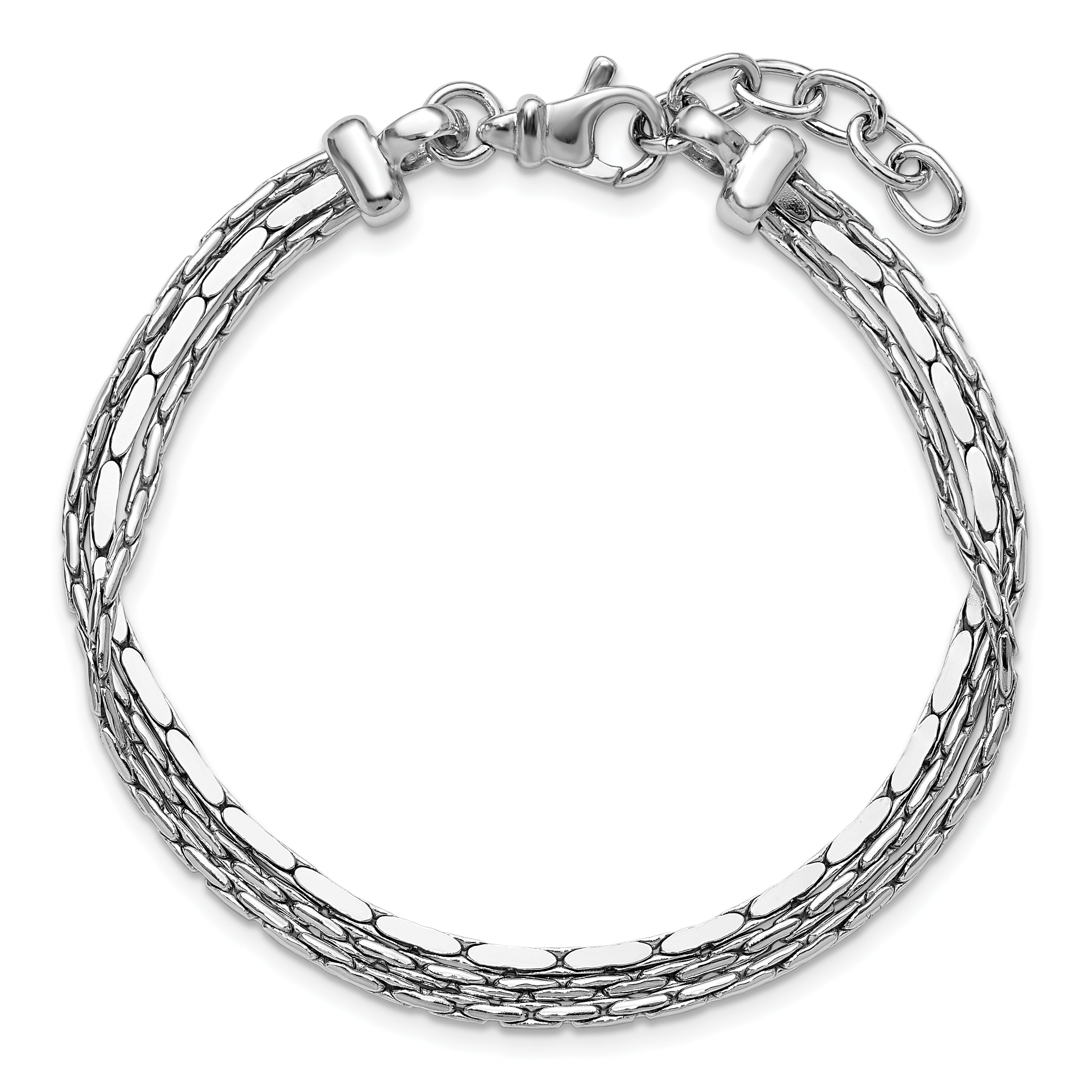 SS RH-plated Polished 3-Strand Fancy w/1in ext. Bracelet