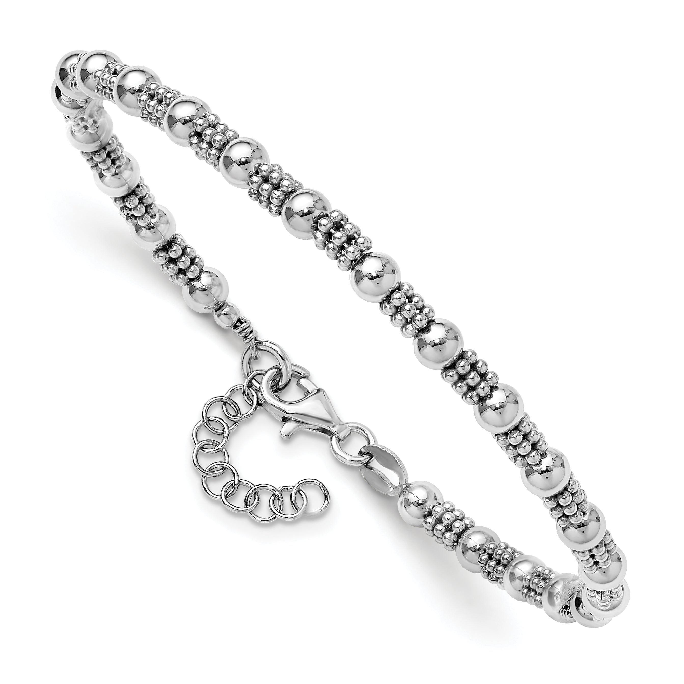 Sterling Silver RH-plated Fancy Beaded w/1in ext. Bracelet