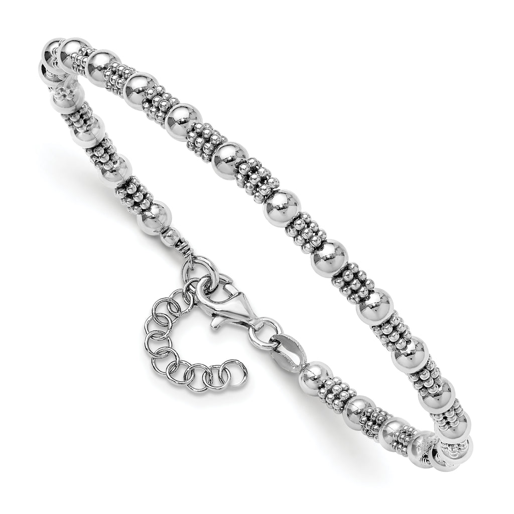 Sterling Silver RH-plated Fancy Beaded w/1in ext. Bracelet