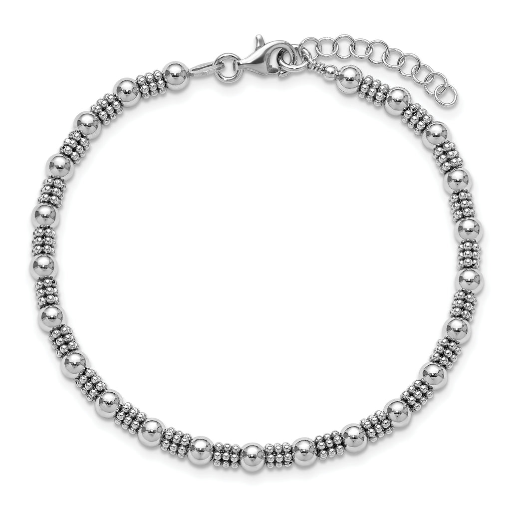 Sterling Silver RH-plated Fancy Beaded w/1in ext. Bracelet