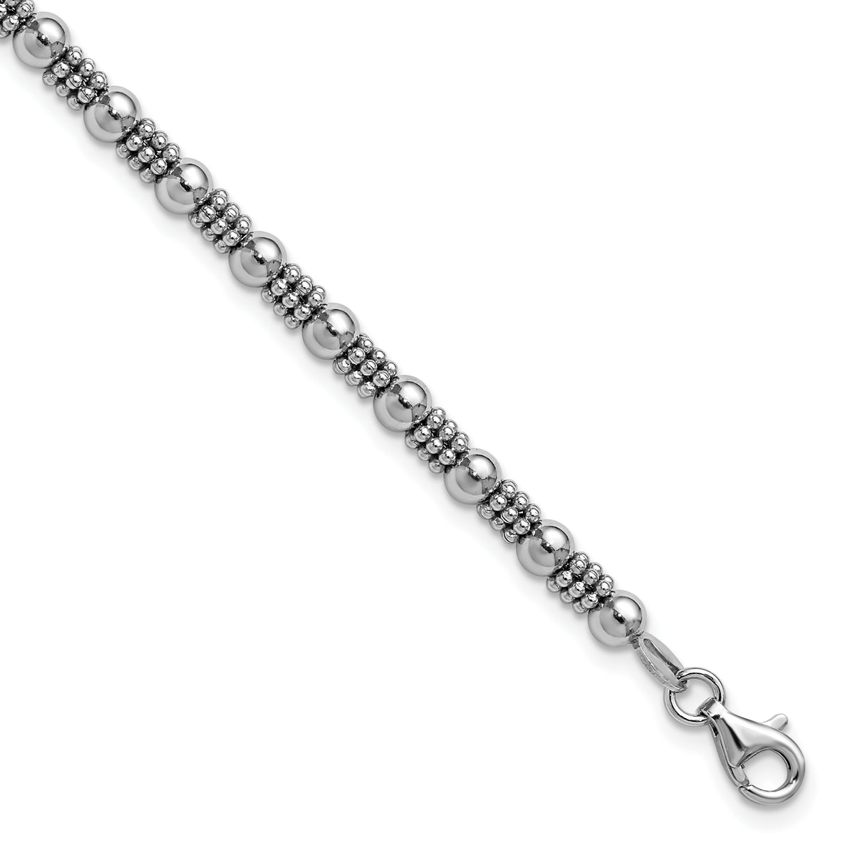 Sterling Silver RH-plated Fancy Beaded w/1in ext. Bracelet