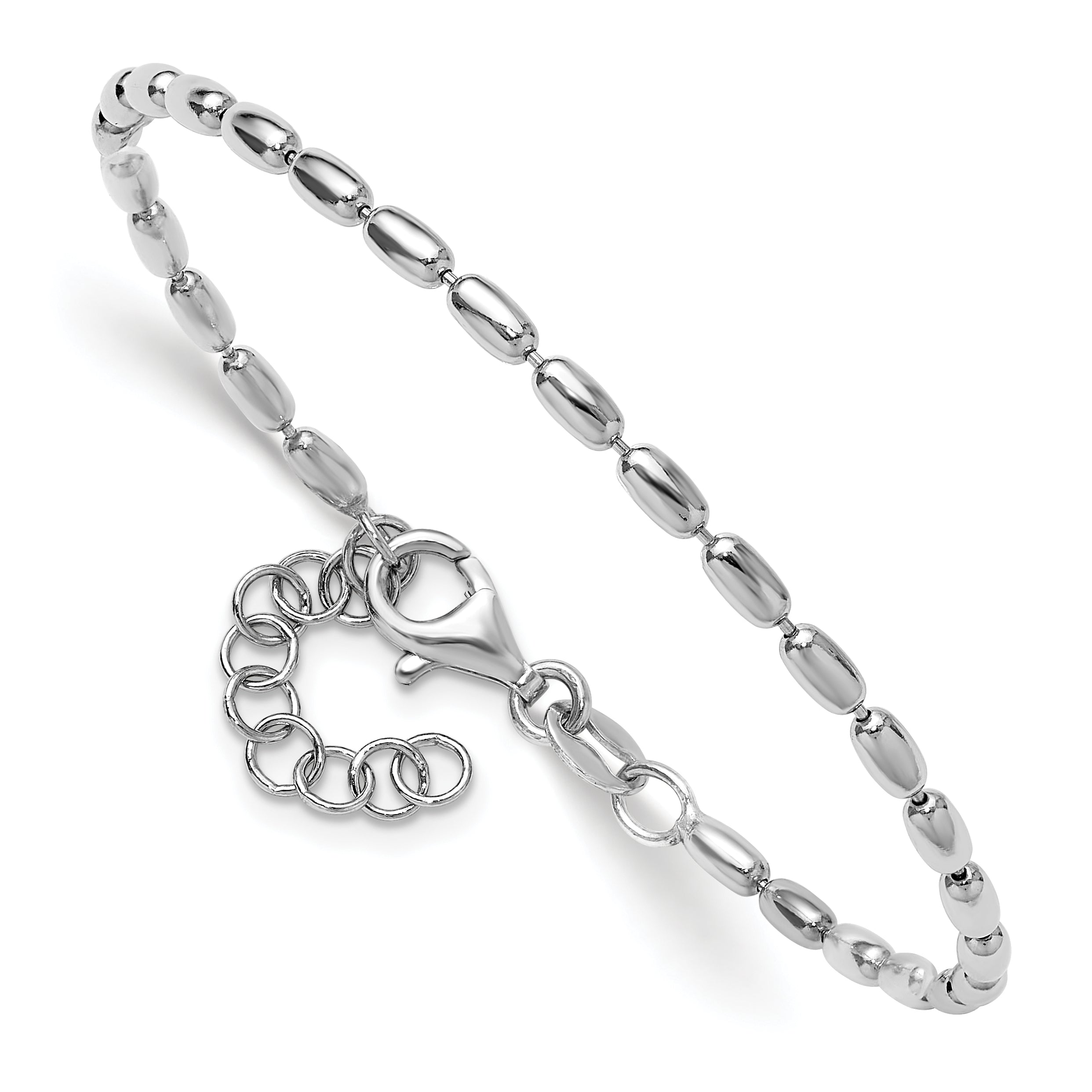 Sterling Silver RH-plated Oval Beaded w/1.25in ext. Bracelet