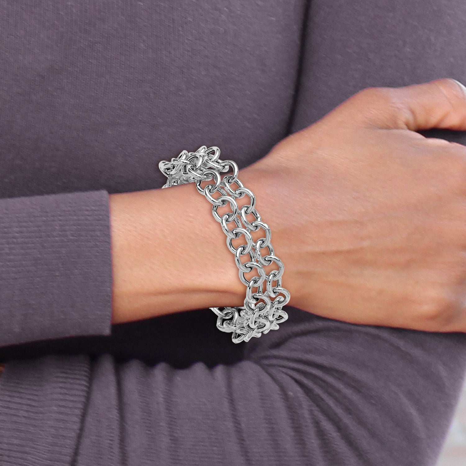 SS RH-plated Polished 2-strand Circle Link Bracelet