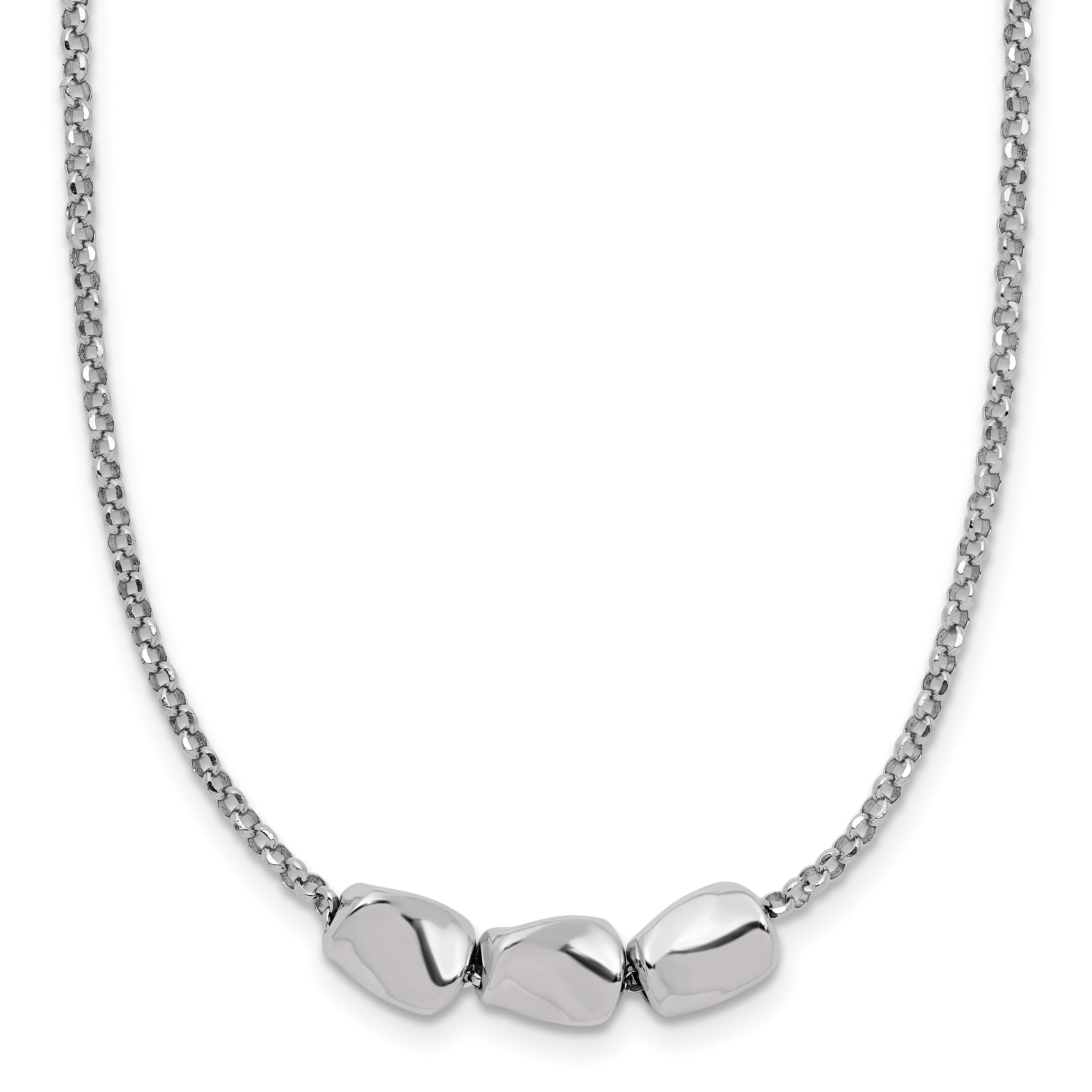 Sterling Silver RH-plated Polished Beads w/2in ext. Necklace