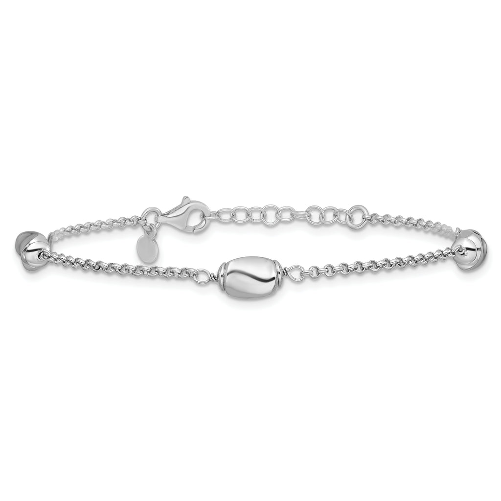 Sterling Silver RH-plated Polished Beads w/1in ext. Bracelet