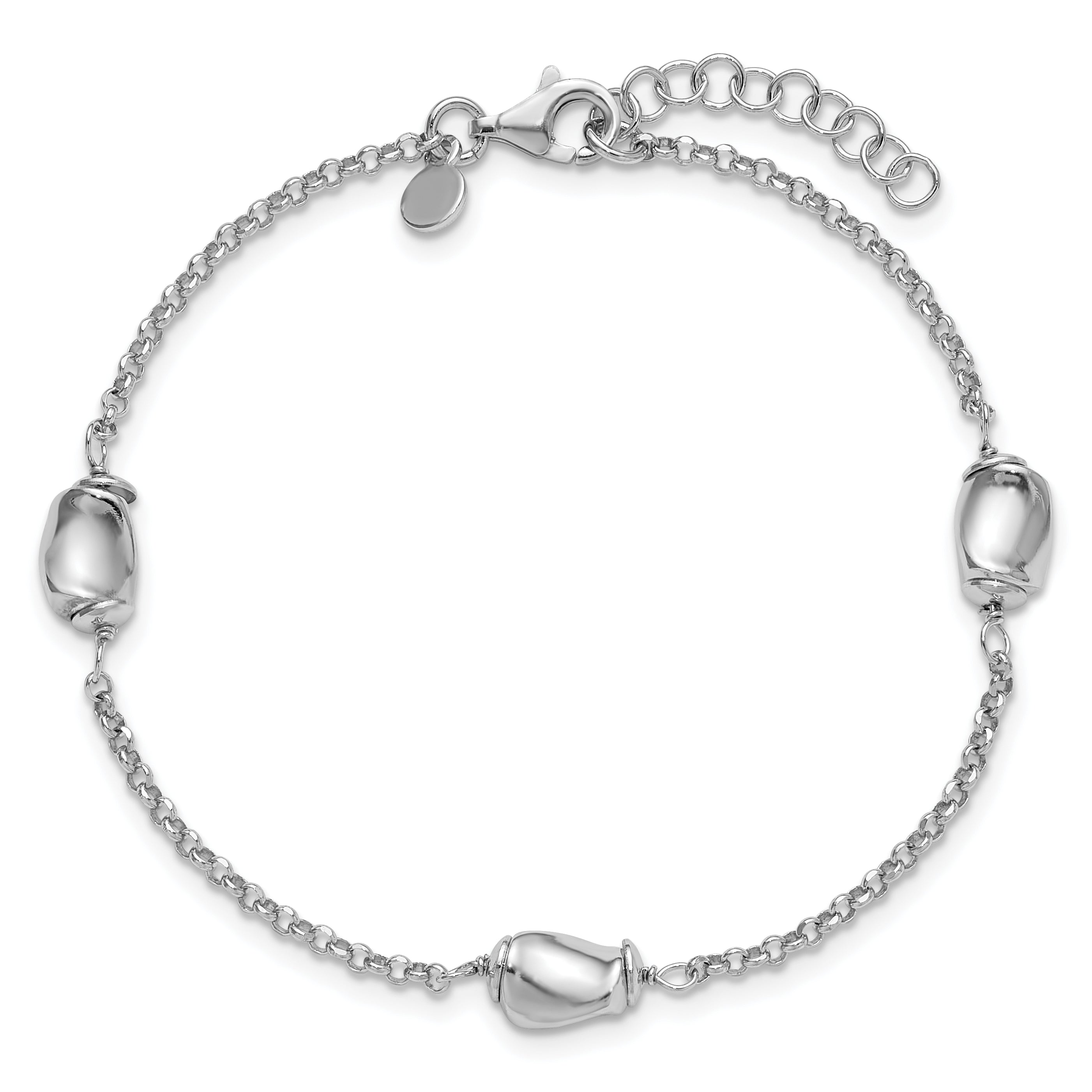 Sterling Silver RH-plated Polished Beads w/1in ext. Bracelet
