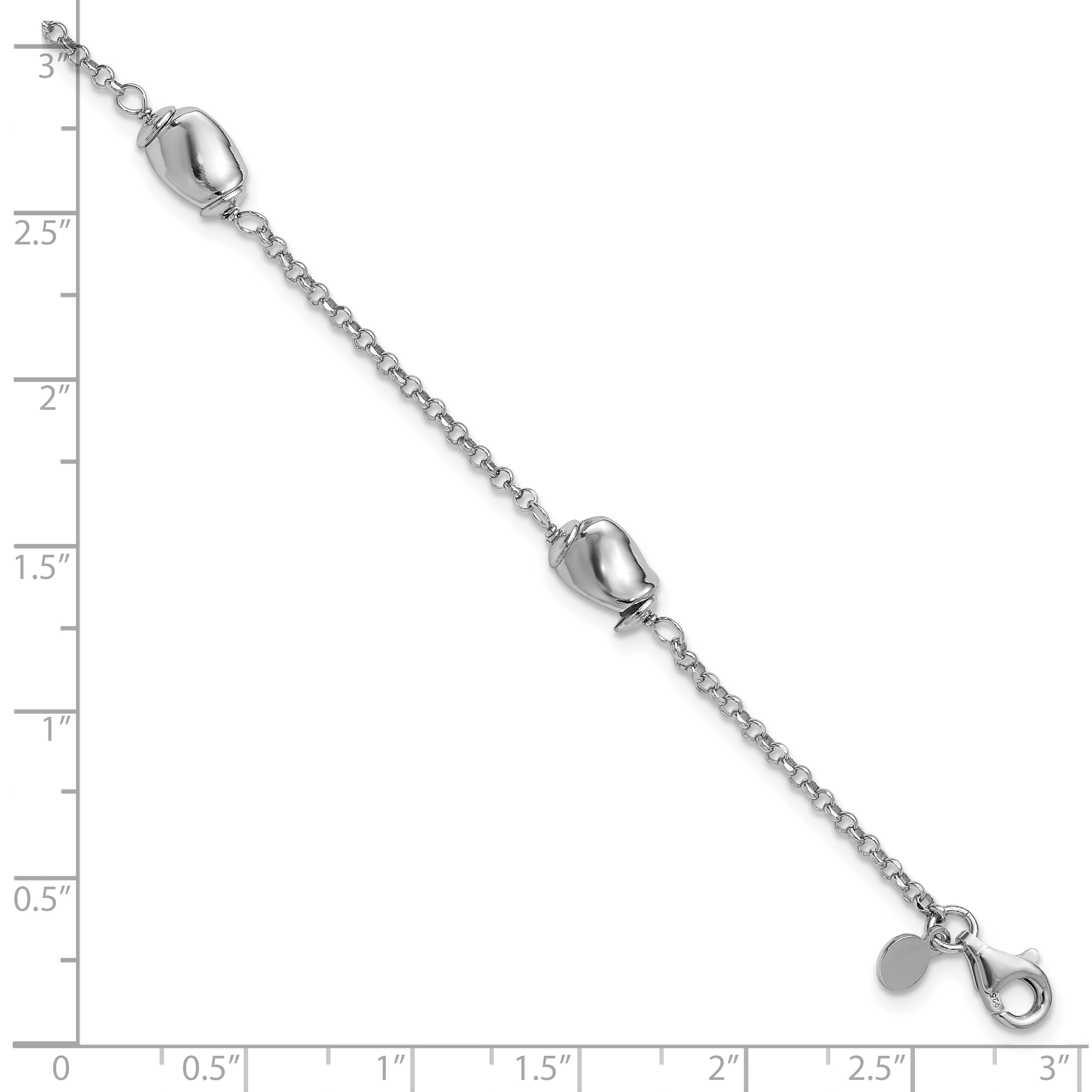 Sterling Silver RH-plated Polished Beads w/1in ext. Bracelet