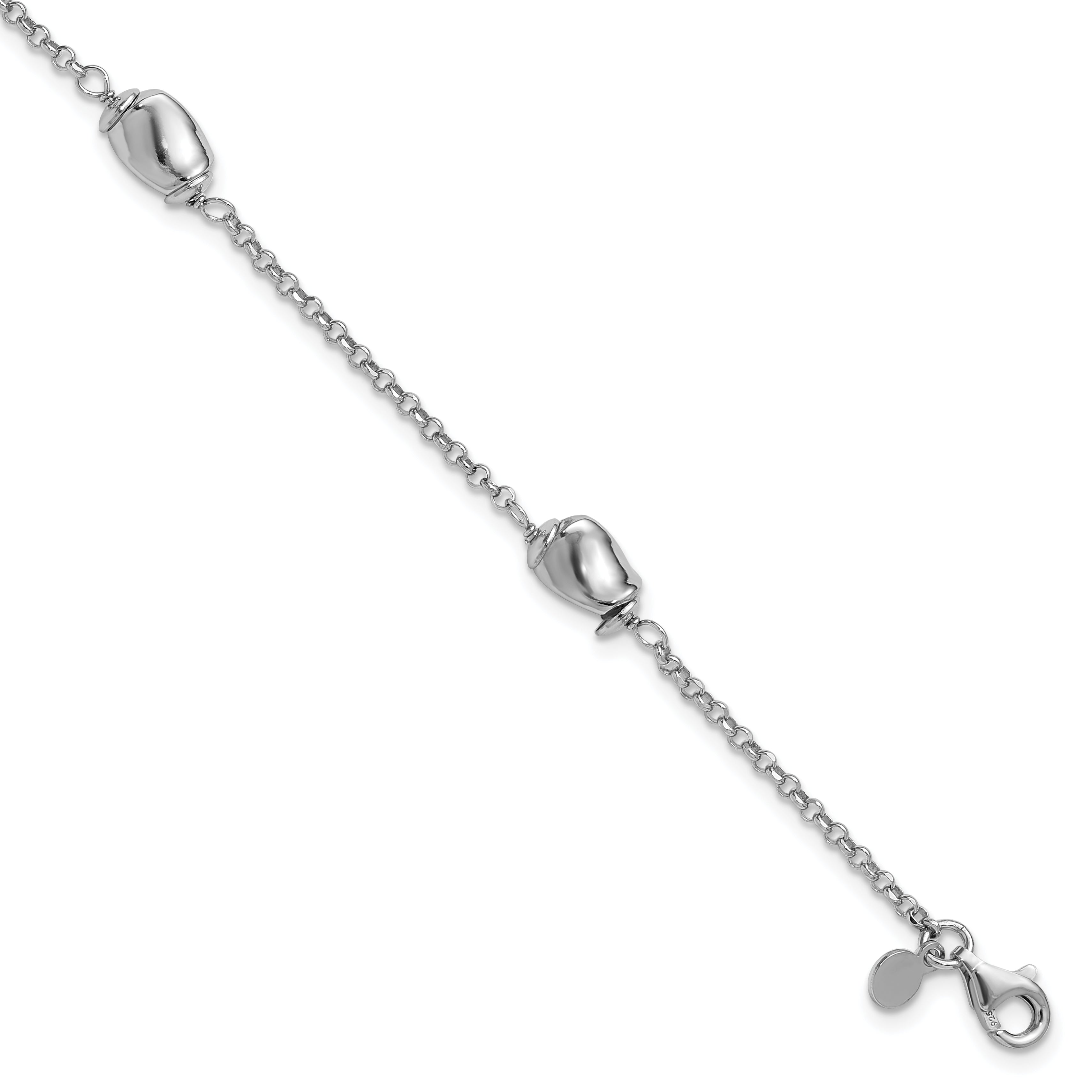 Sterling Silver RH-plated Polished Beads w/1in ext. Bracelet
