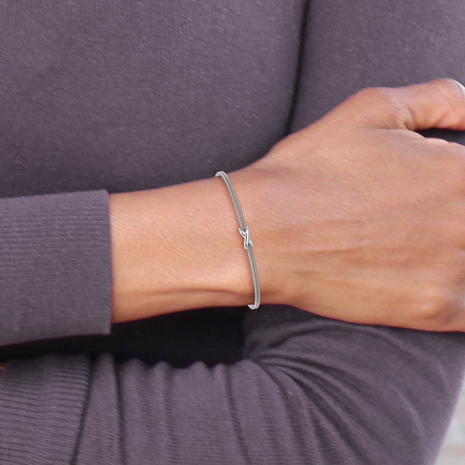 SS Rhodium-plated Polished 2-Strand X w/ 1in Ext. Bracelet