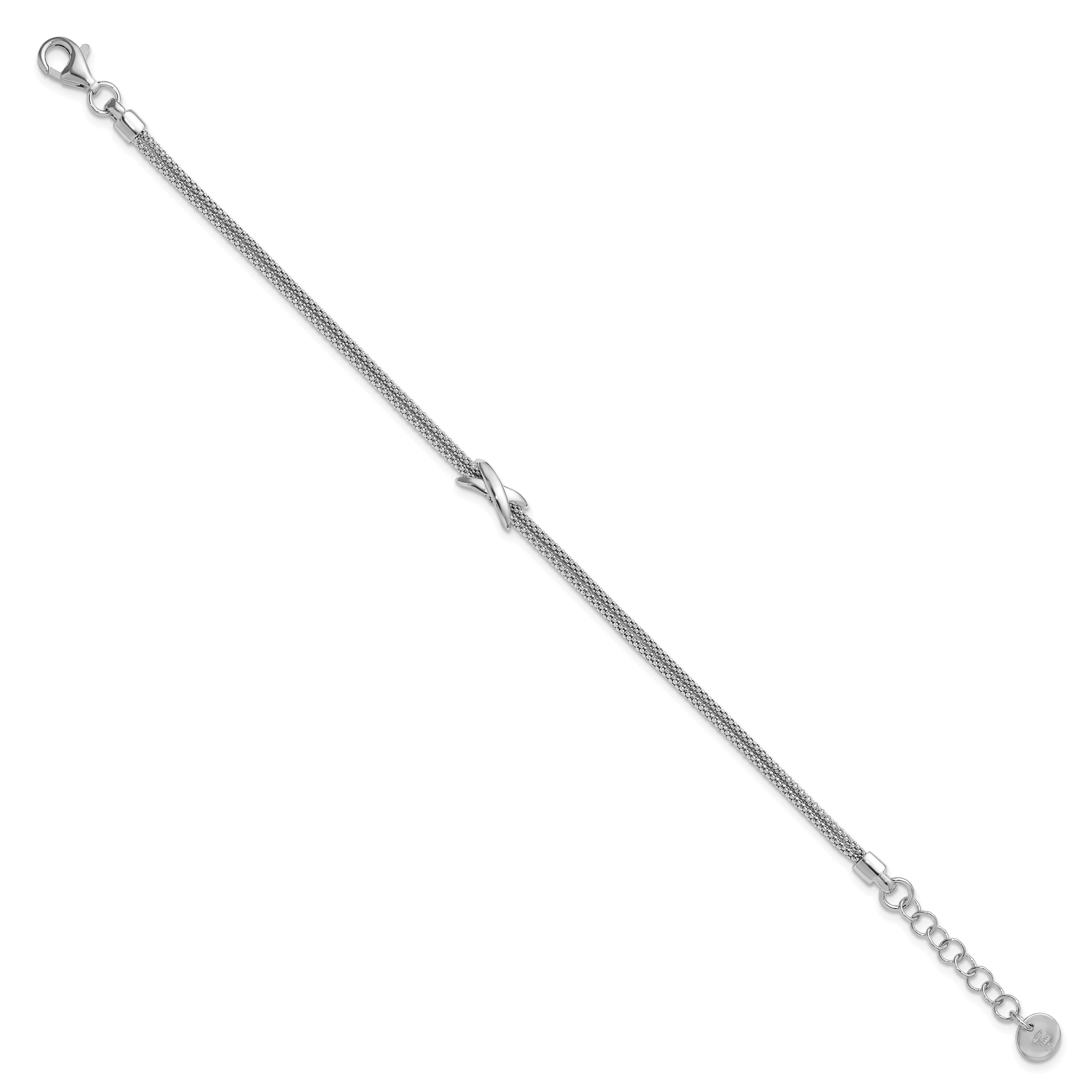 SS Rhodium-plated Polished 2-Strand X w/ 1in Ext. Bracelet