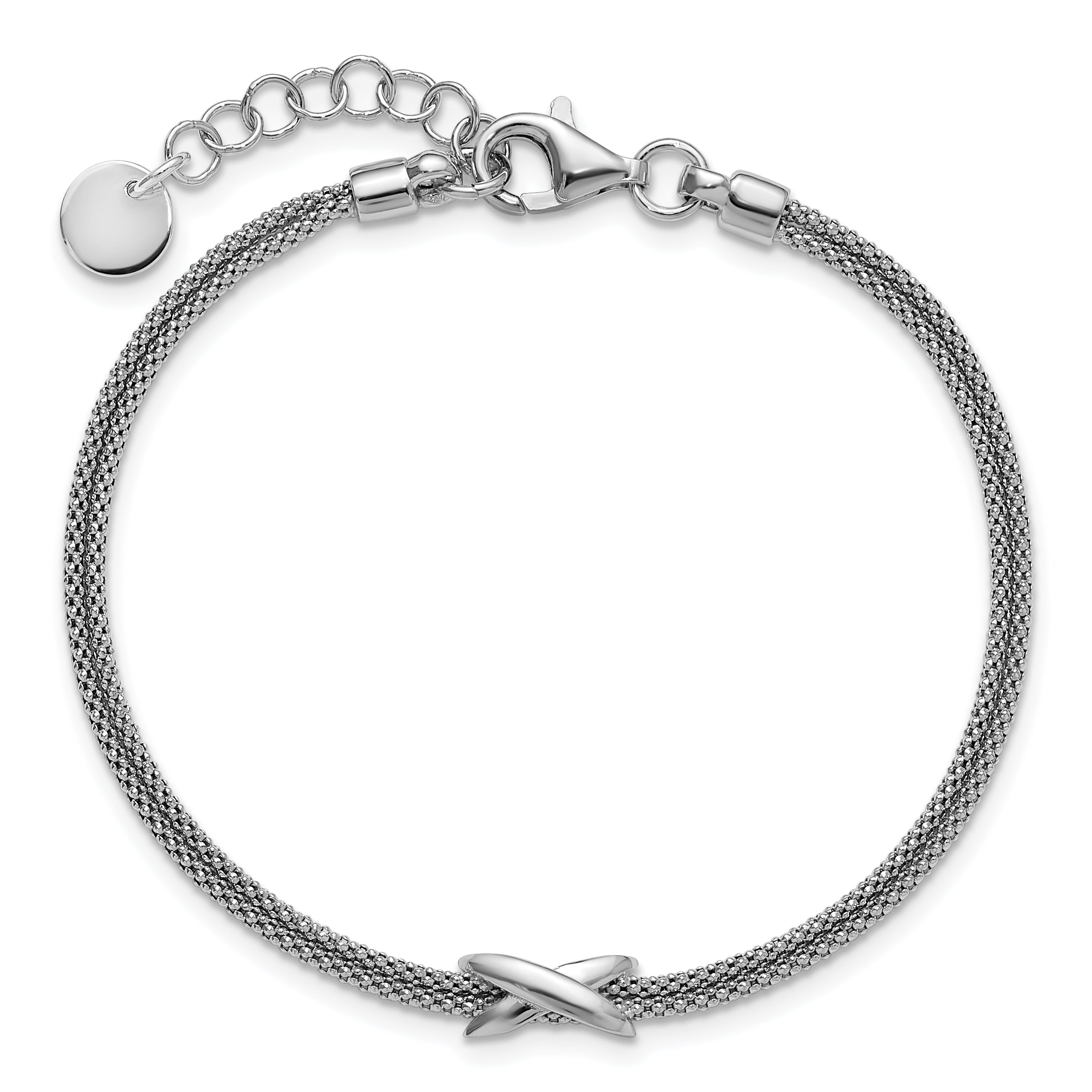 SS Rhodium-plated Polished 2-Strand X w/ 1in Ext. Bracelet