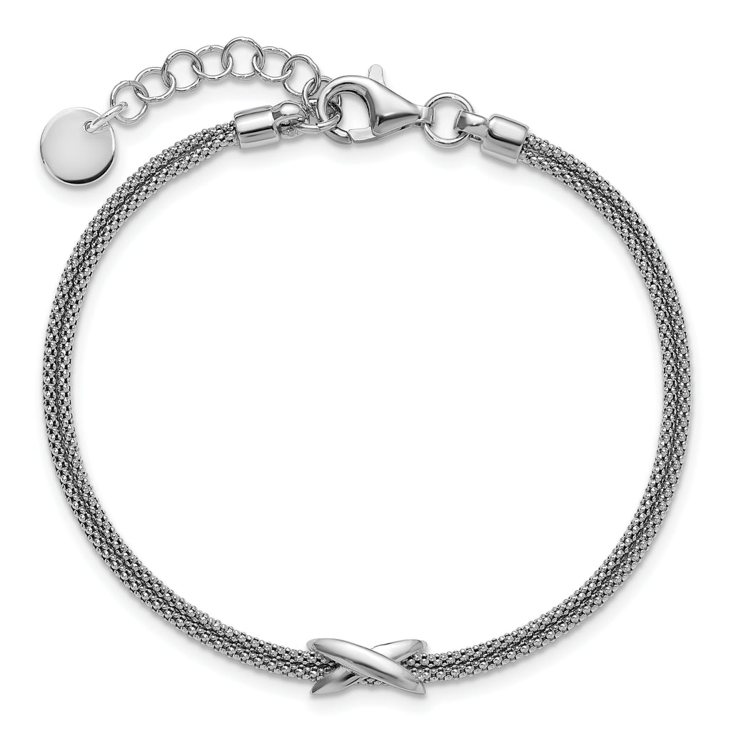 SS Rhodium-plated Polished 2-Strand X w/ 1in Ext. Bracelet