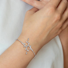 SS Rhodium-plated Polished CZ Leaf Bypass Flexible Cuff Bangle