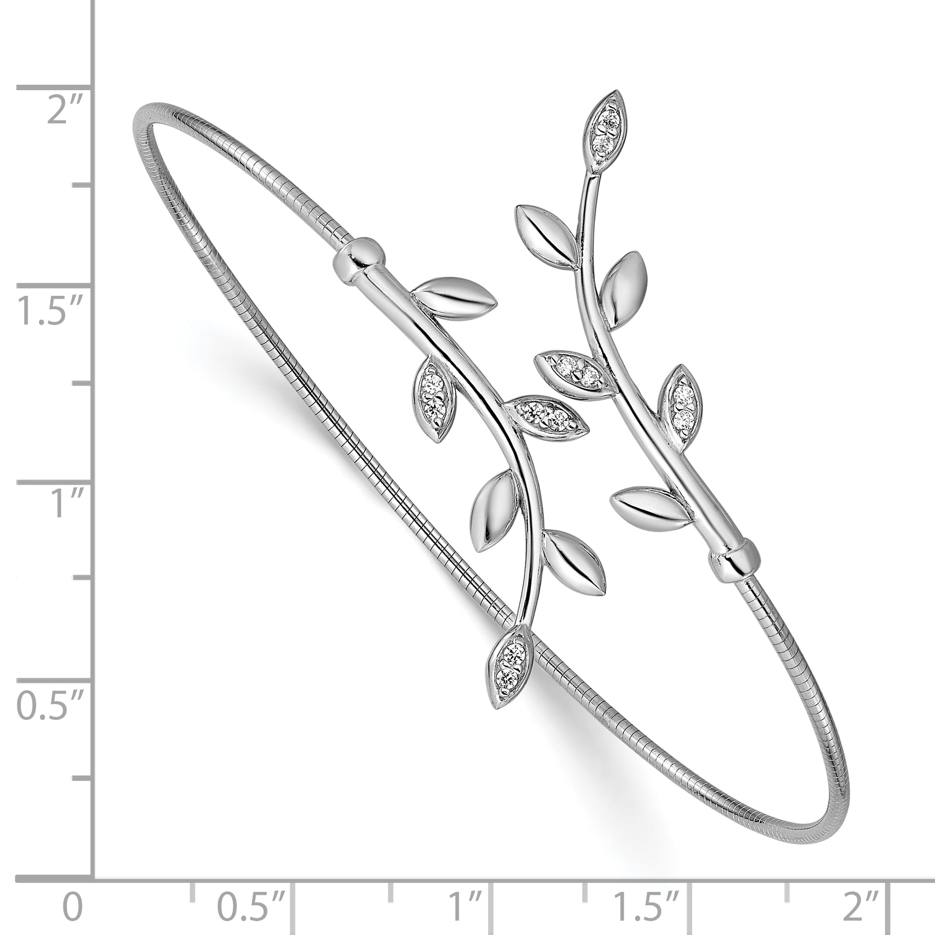 SS Rhodium-plated Polished CZ Leaf Bypass Flexible Cuff Bangle