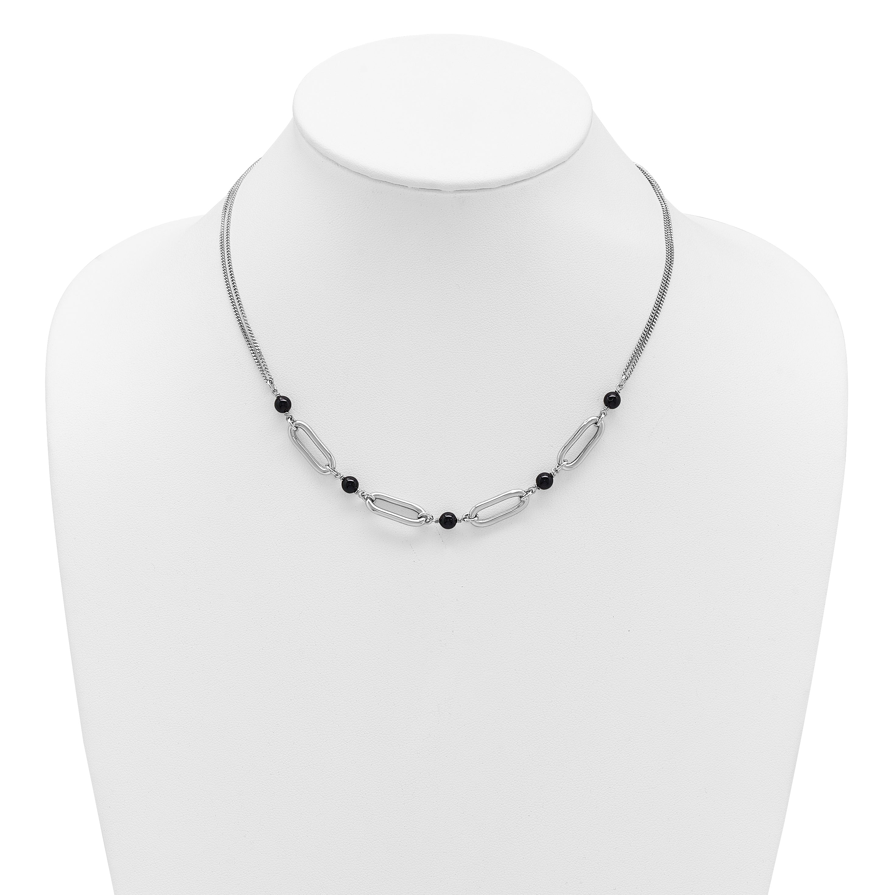 SS RH-pltd Black Glass Pearl 2-Strand Link w/2in Ext Necklace