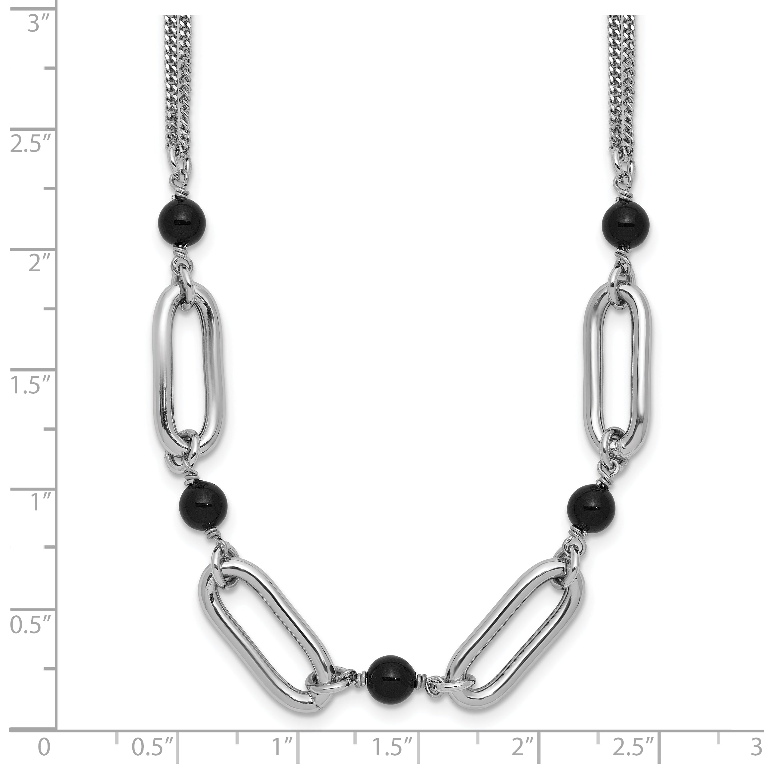 SS RH-pltd Black Glass Pearl 2-Strand Link w/2in Ext Necklace