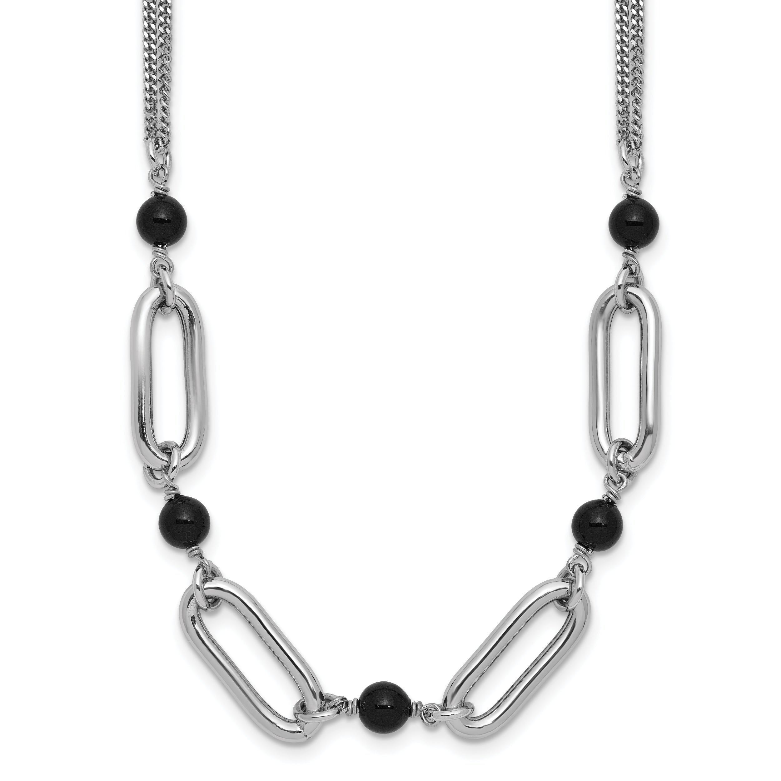SS RH-pltd Black Glass Pearl 2-Strand Link w/2in Ext Necklace