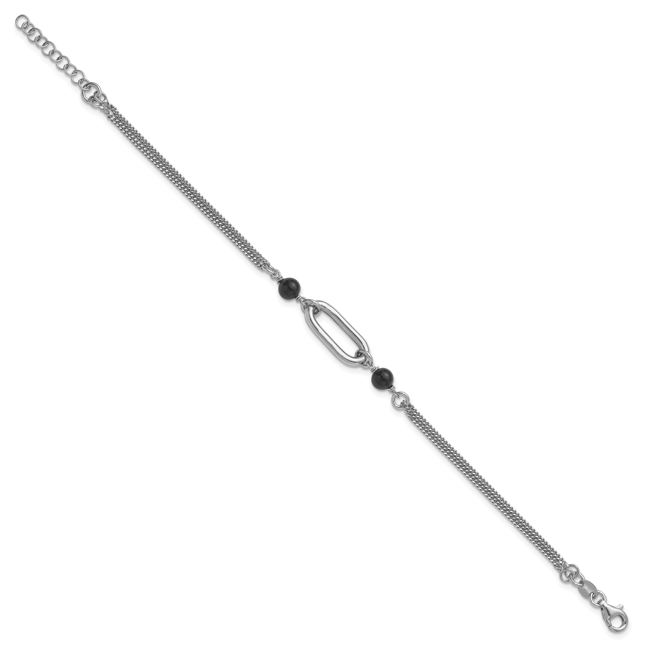 SS RH-pltd Black Glass Pearl 2-Strand Link w/1in Ext Bracelet Secondary image