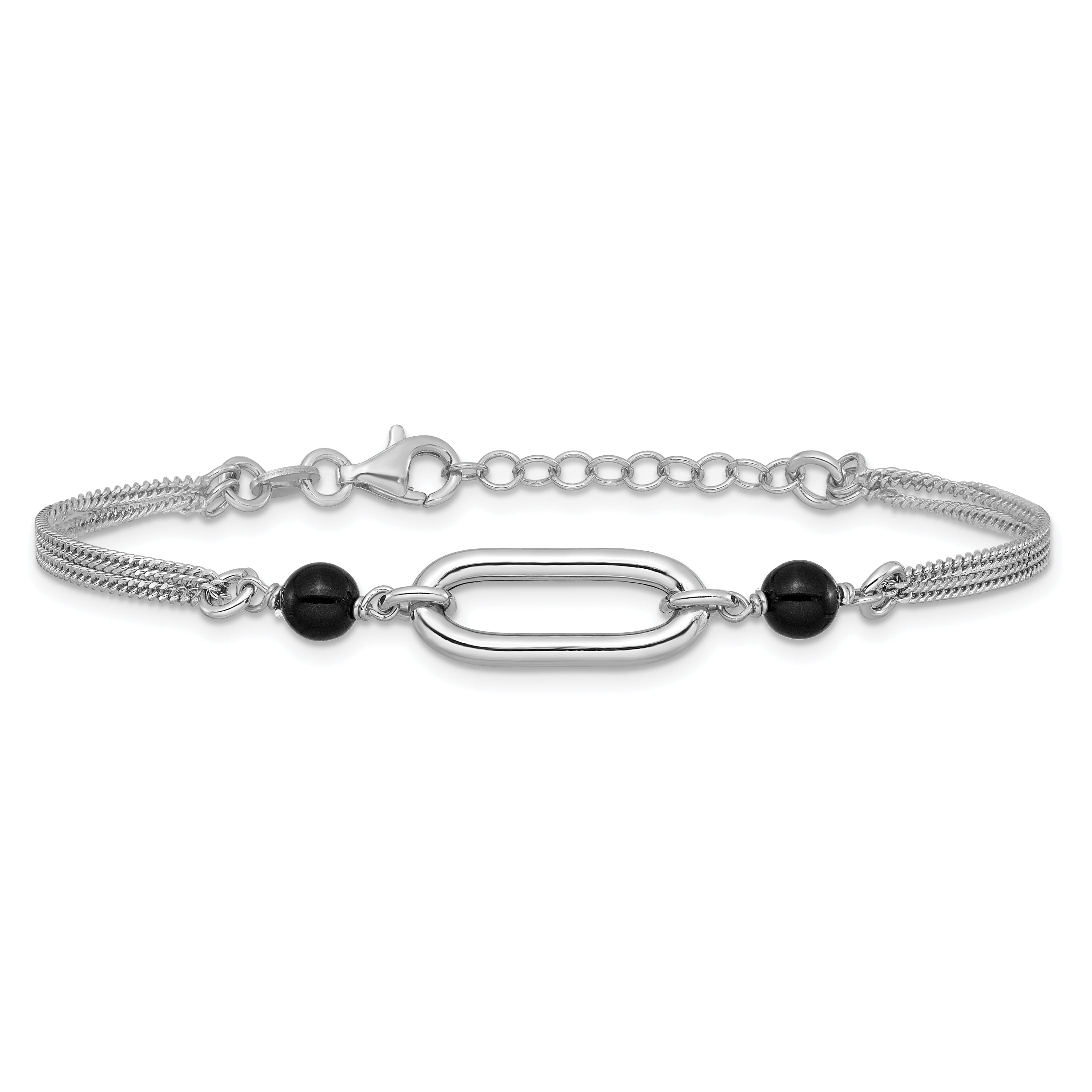 SS RH-pltd Black Glass Pearl 2-Strand Link w/1in Ext Bracelet