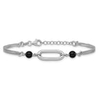 SS RH-pltd Black Glass Pearl 2-Strand Link w/1in Ext Bracelet