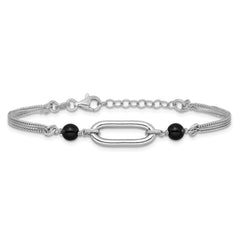 SS RH-pltd Black Glass Pearl 2-Strand Link w/1in Ext Bracelet