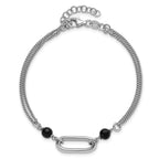 SS RH-pltd Black Glass Pearl 2-Strand Link w/1in Ext Bracelet