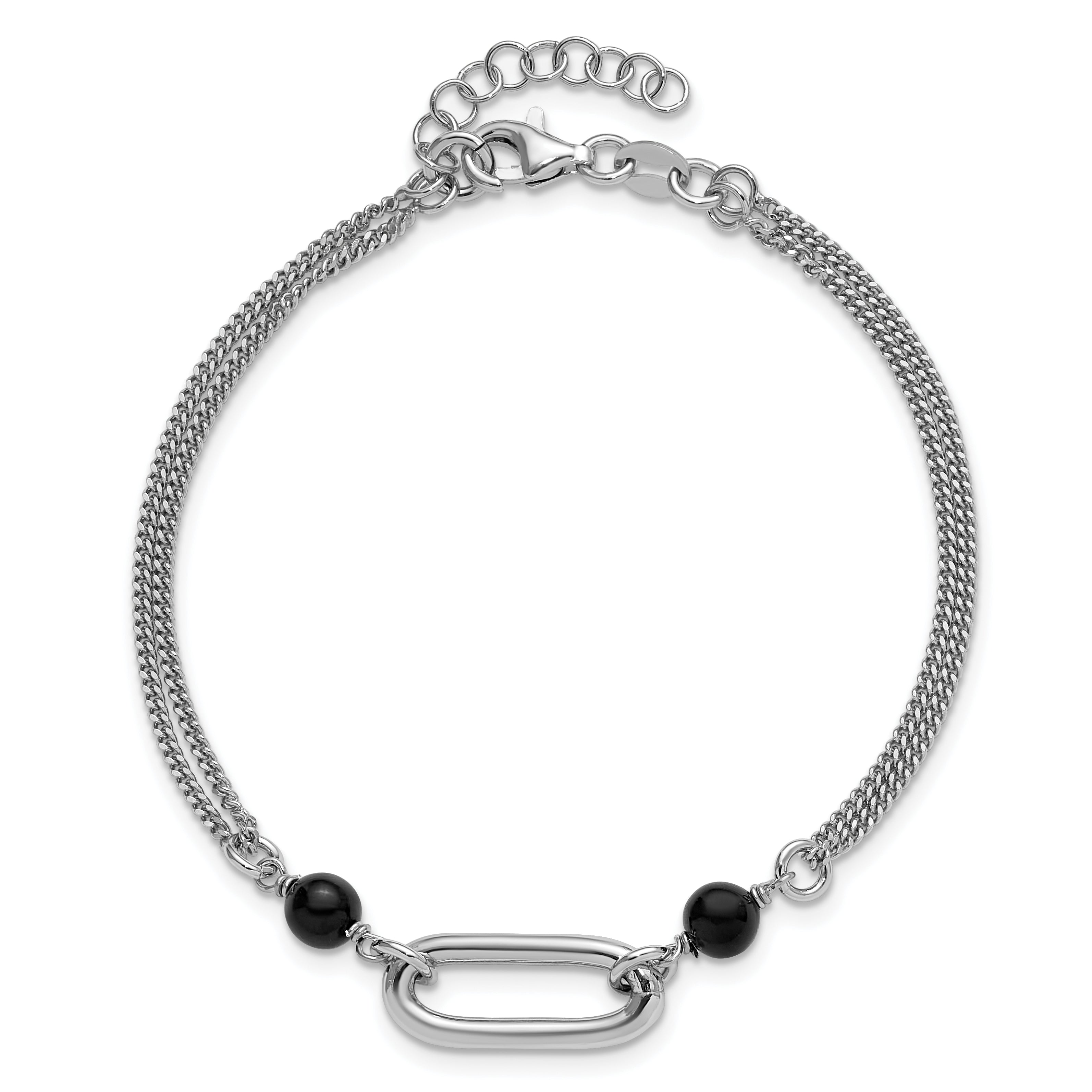 SS RH-pltd Black Glass Pearl 2-Strand Link w/1in Ext Bracelet