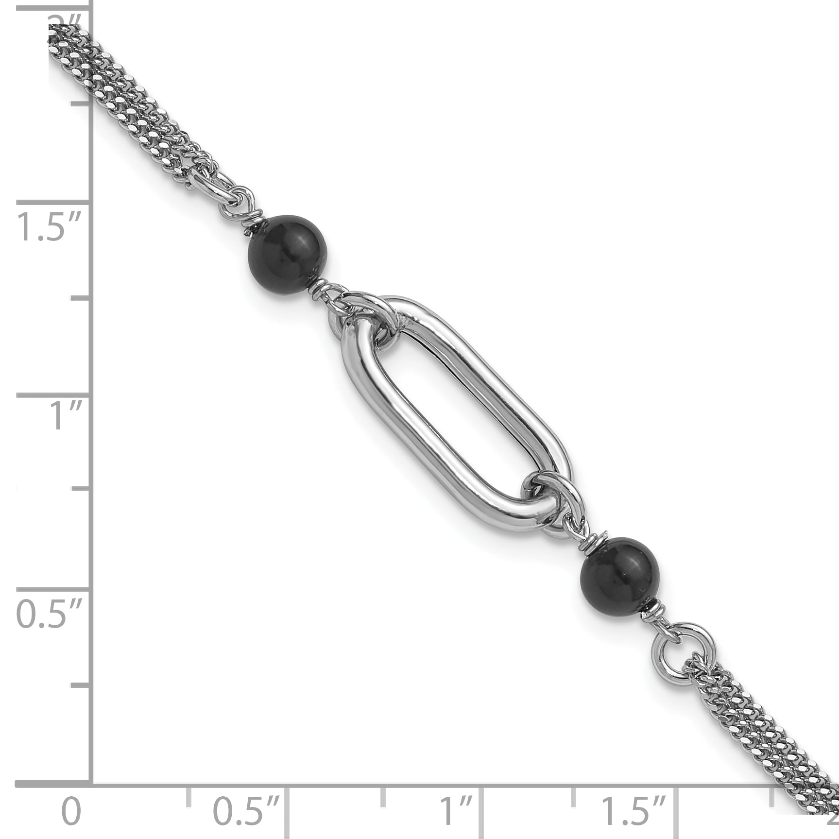 SS RH-pltd Black Glass Pearl 2-Strand Link w/1in Ext Bracelet